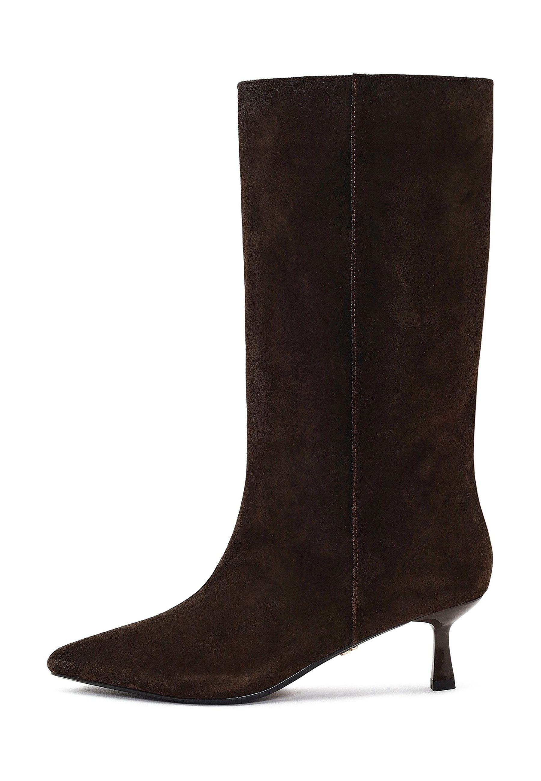 Derimod Echte Wildleder Wadenhohe Kitten-Heel-Stiefel Bootsschuh