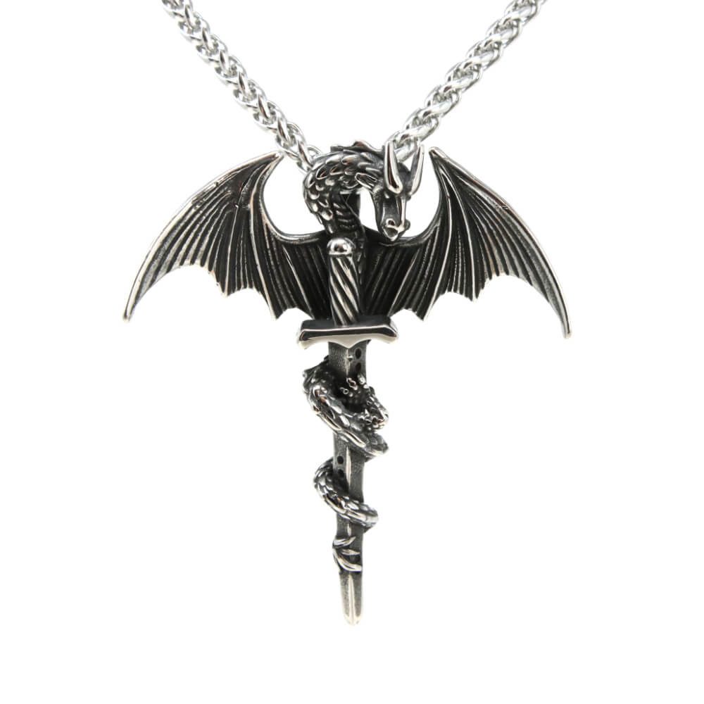 Kette mit Anhänger Lederkette Edelstahlkette 316L SCHWERT DRACHE