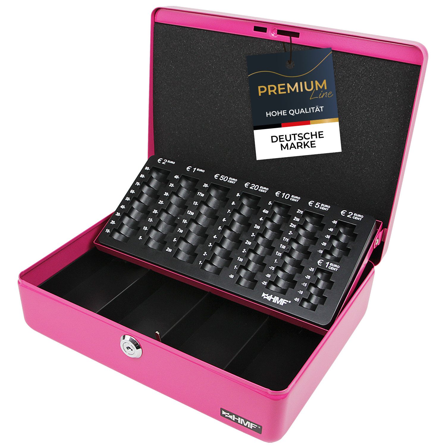HMF Geldkassette Geldkassette abschließbar Kasse mit EURO-Münzzählbrett 4 Scheinfächer, hochwertige Geldzählkassette mit Schlüssel, 30 x 24 x 9 cm, pink