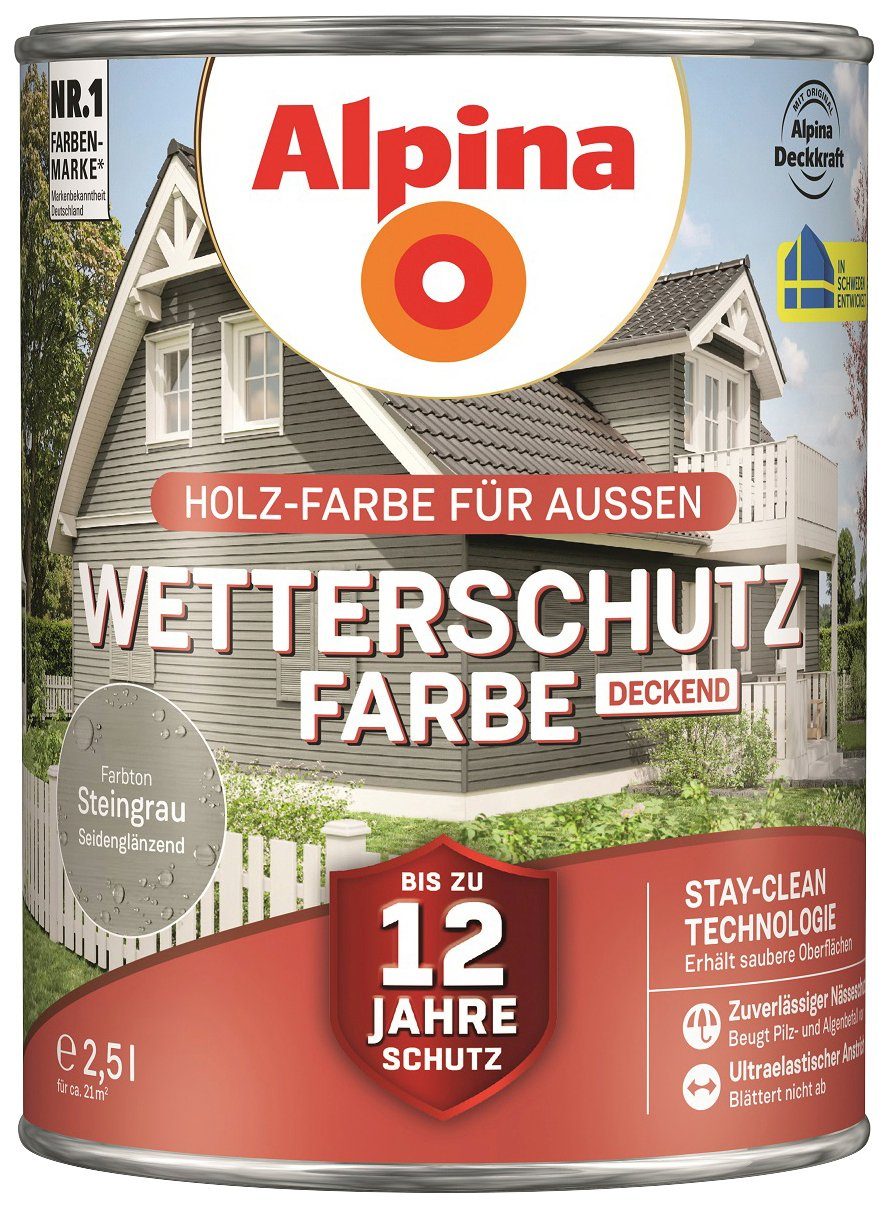 Alpina Wetterschutzfarbe Wetterschutzfarbe, deckend, seidenmatt, 2,5 Liter für ca. 21 m² Steingrau