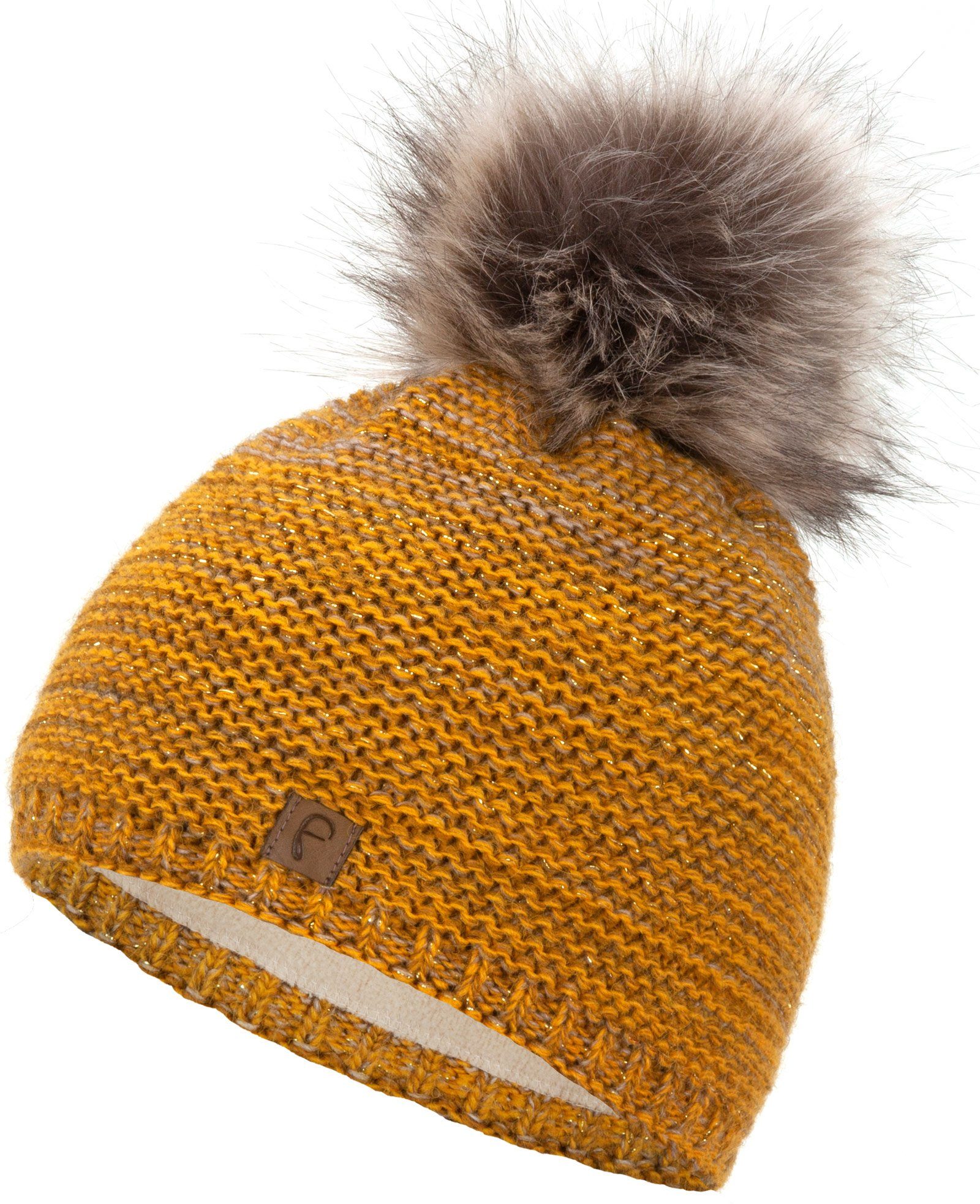 Faera Bommelmütze Wintermütze Damen Mütze Beanie Haube gefüttert Strickmütze Bommelmütze senf