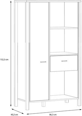 FORTE Aktenregal High Rock, mit Tür & Schublade, 3 offene Fächer, Industrial-Stil, 86x152 cm