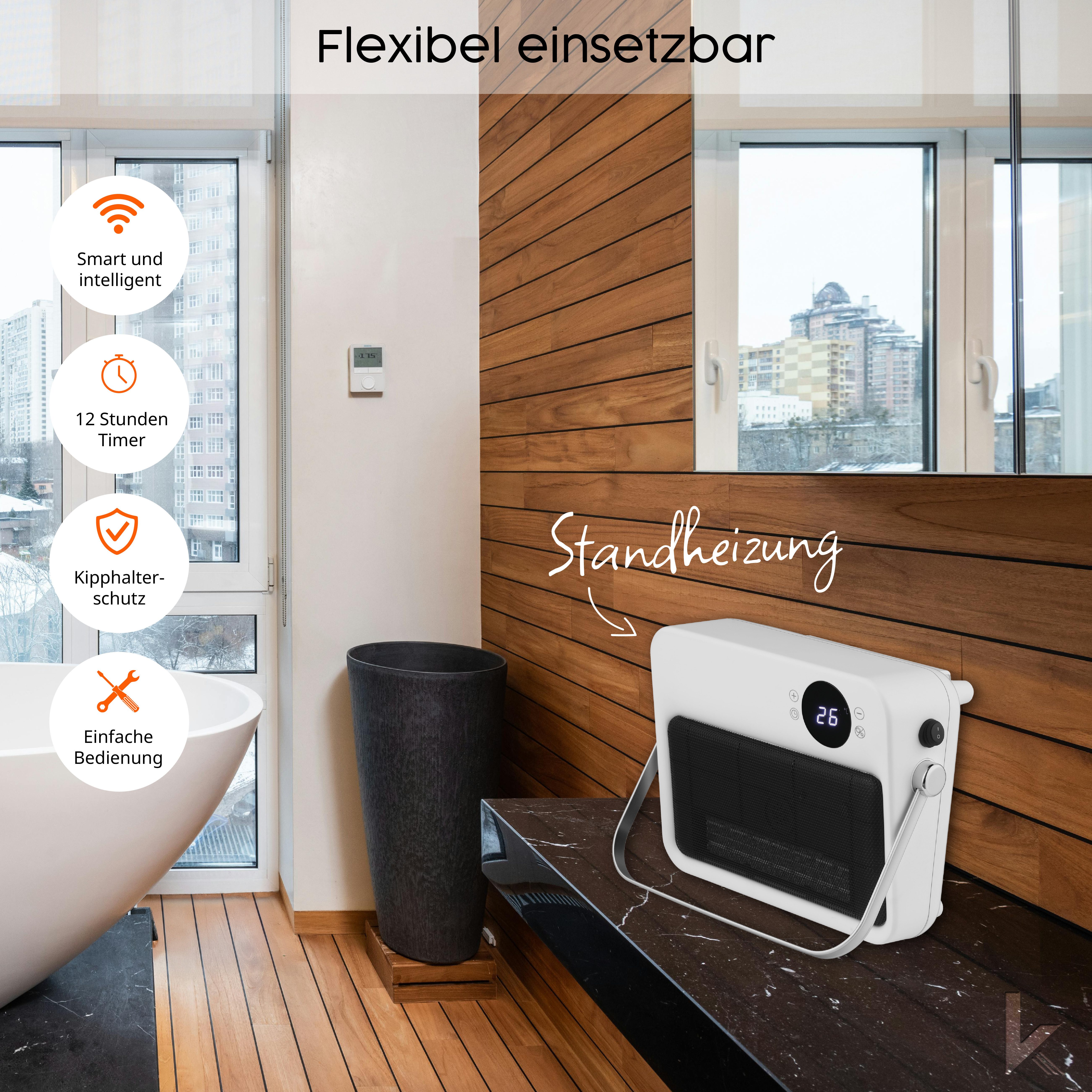 Könighaus Keramikheizlüfter Könighaus Heizlüfter 2-in-1, 2000 W, 24h Timer, 2 Heizstufen, Fernbedienung, Überhitzungsschutz, IPX2