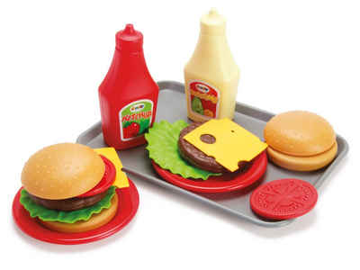 dantoy Spielgeschirr Kinder Spielzeug Burger-Set Burgerset auf Tablett, (Imbiss-Spieleset, 17-tlg., je 2 Burger-Brötchen, Patty, Salatblatt, Tomate und Käse), inklusive 1 Ketchup-Flasche und 1 Dressing-Flasche