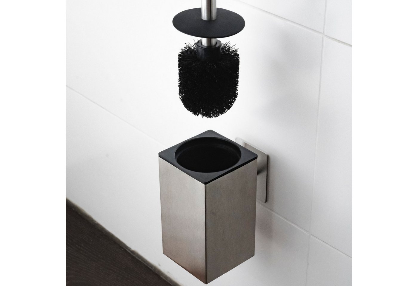 ELMOWO WC-Reinigungsbürste ohne Bohren aus Edelstahl - Toilettenbürste zur Wandmontage, Für alle glatten Oberflächen im Bad, (Komplett-Set, inkl. Ersatzbürsten-Kopf), Klobürste für das Badezimmer und Gäste-WC
