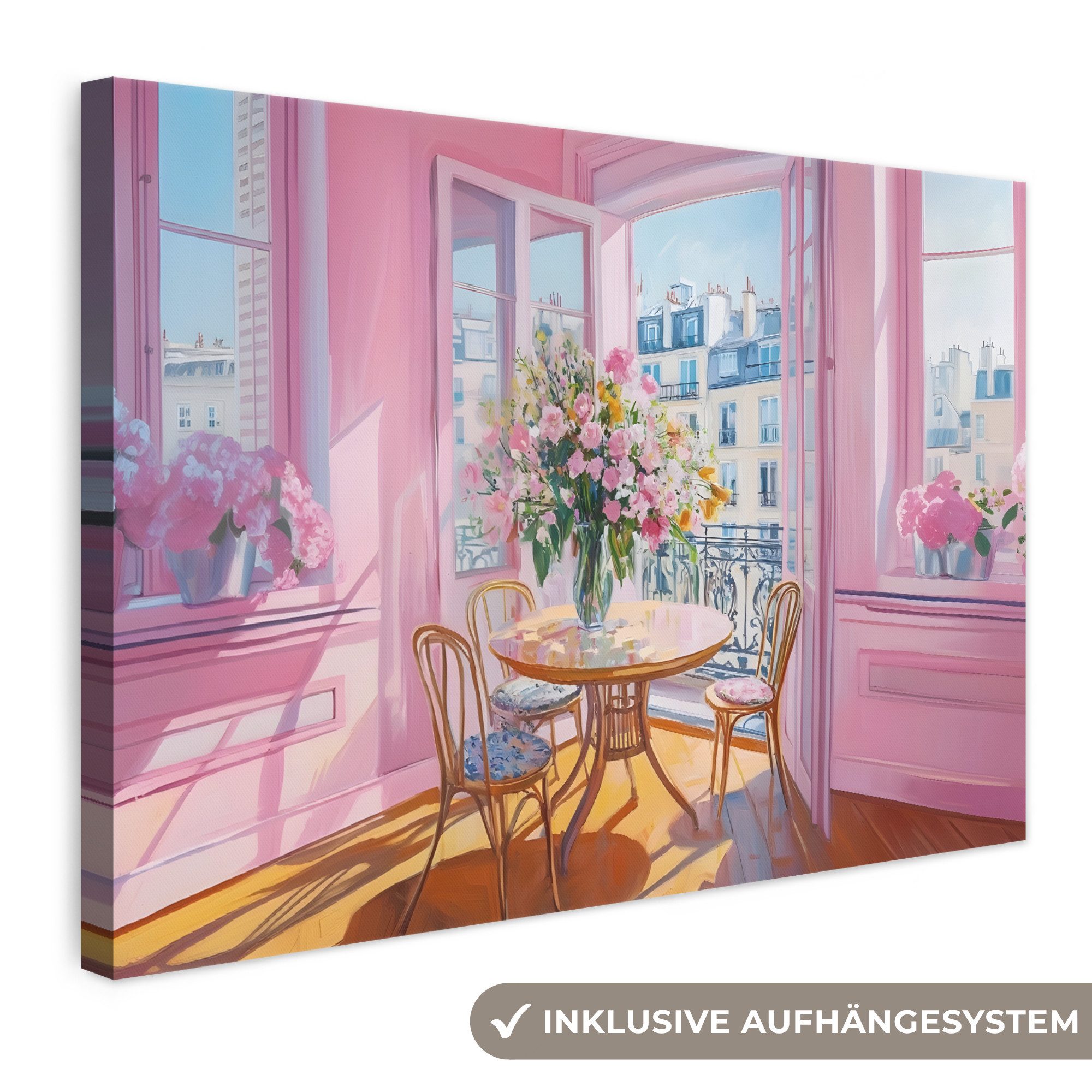 OneMillionCanvasses® Leinwandbild Rosa - Stadt - Blumen, Fotodruck (1 St), Leinwand Bilder Klein, Wand Dekoration Aesthetic 30x20 cm