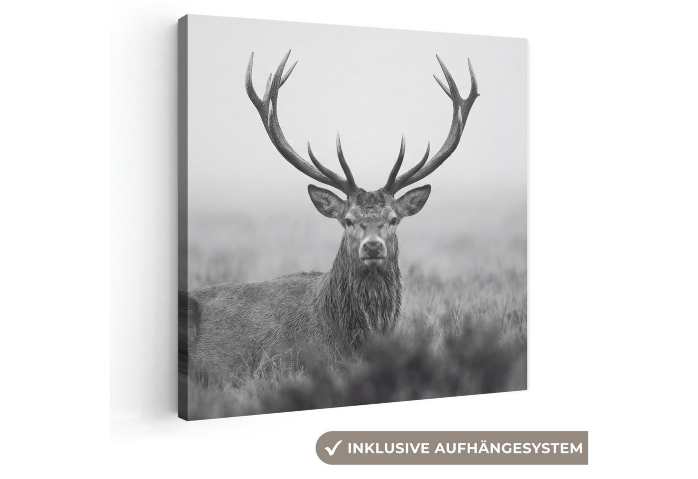 OneMillionCanvasses® Leinwandbild Hirsch - Neblig - Schwarz - Weiß, Fotodruck (1 St), Wandbild, Deko Schlafzimmer Wohnzimmer Flur 20x20 cm