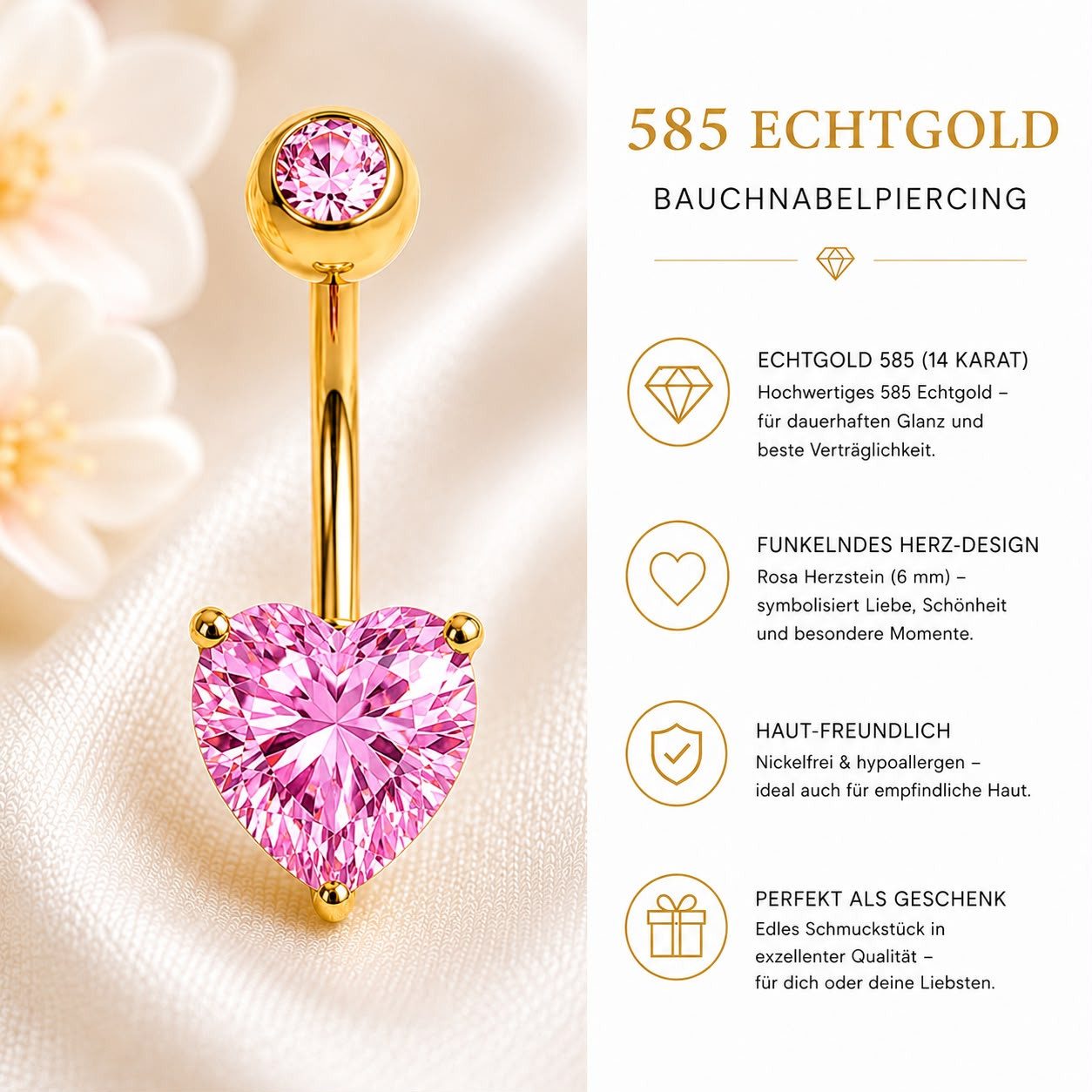 Taffstyle Bauchnabelpiercing Echtgold 585 Herz Zirkonia Kristall 14 Karat Gold Piercing (Edles Bauchnabelpiercing aus massivem 585 Echtgold mit funkelndem Herz-Kristall – hochwertiger Schmuck für einen stilvollen Look)