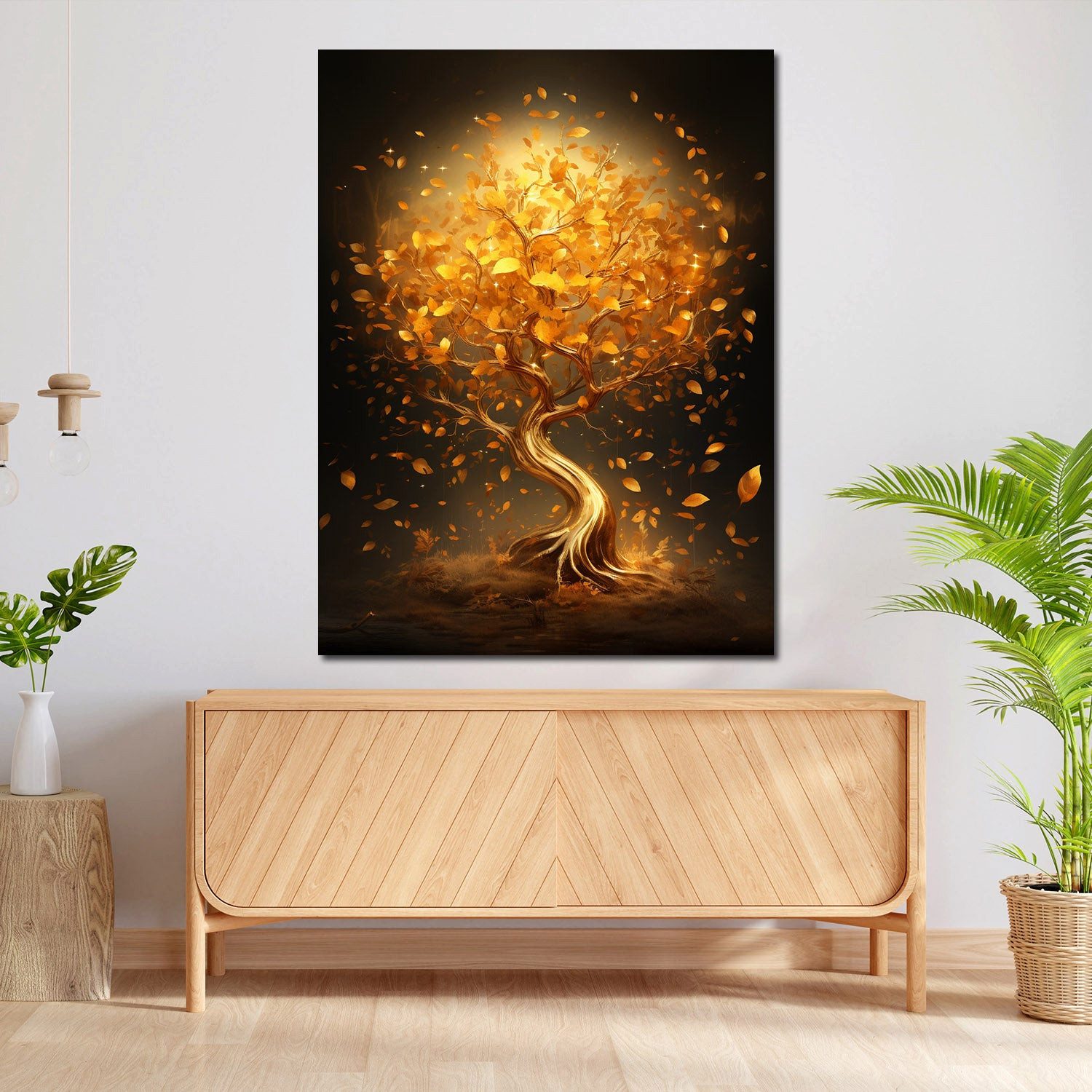 Artedinoi Leinwandbild Goldener Baum leuchtende Blätter edel Leinwandbild Kunstdruck XL Deko, Baum mit goldenen Blättern