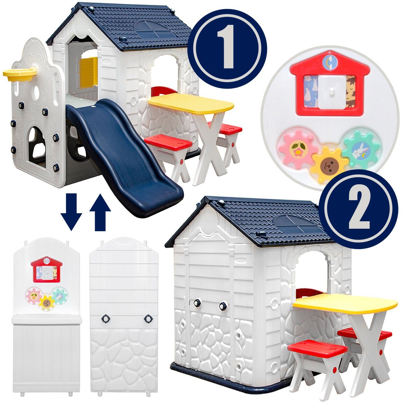 LittleTom Rutsche Kinder Spielhaus mit Rutsche Kinderhaus ab 1 Jahr, Spielhaus + Tisch + 2 Hocker