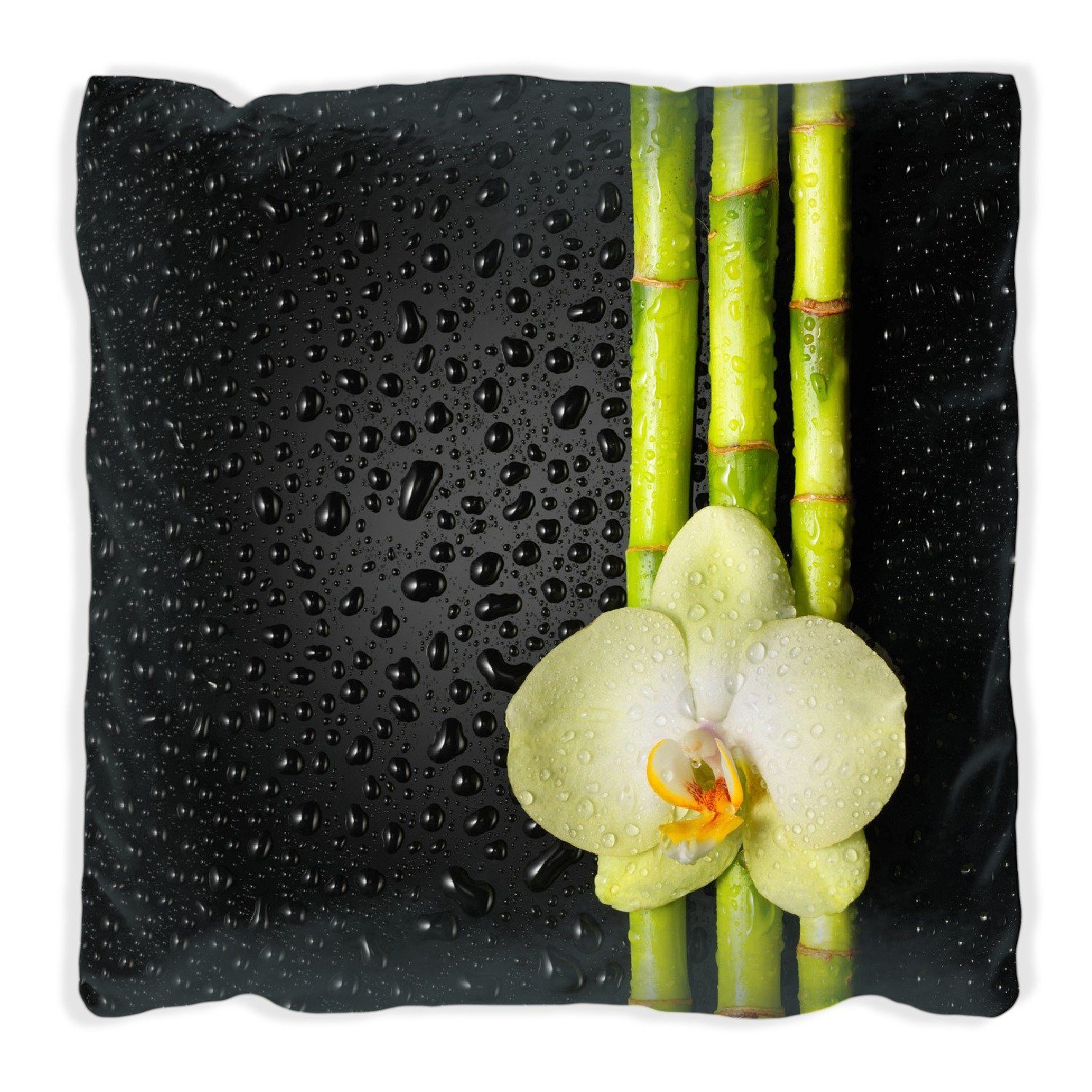 Wallario Dekokissen Grüne Orchidee mit Bambus auf schwarz - Regentropfen, handgenäht