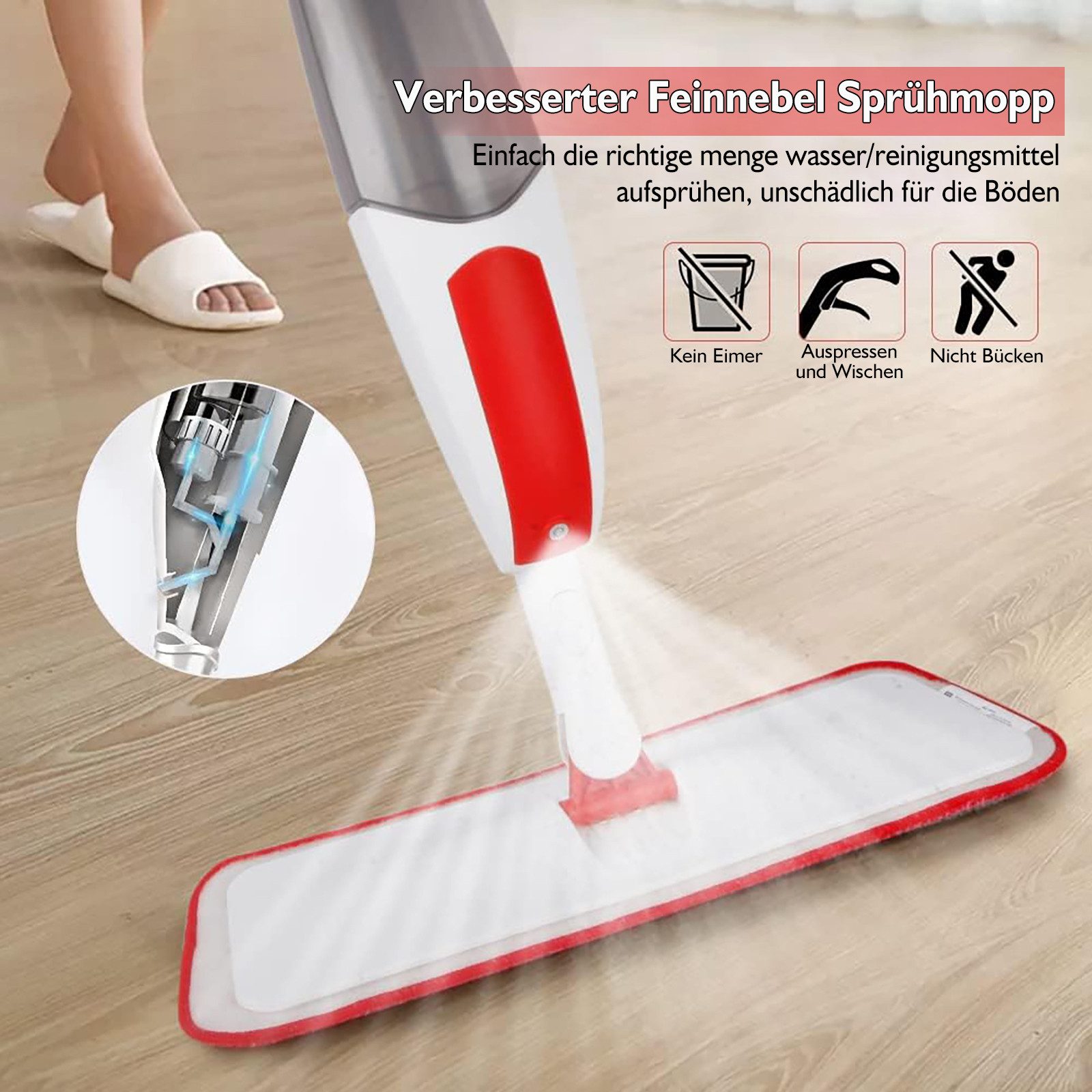 HUGERSTONE Sprühwischer Wischmopp mit 550ml Wassertank, Bodenwischer mit Sprühfunktion, Rot (360 Grad Rotierender Wischmopp für alle Böden) Nass und Trockenwischer mit 3 Waschbaren Mikrofaser Pads