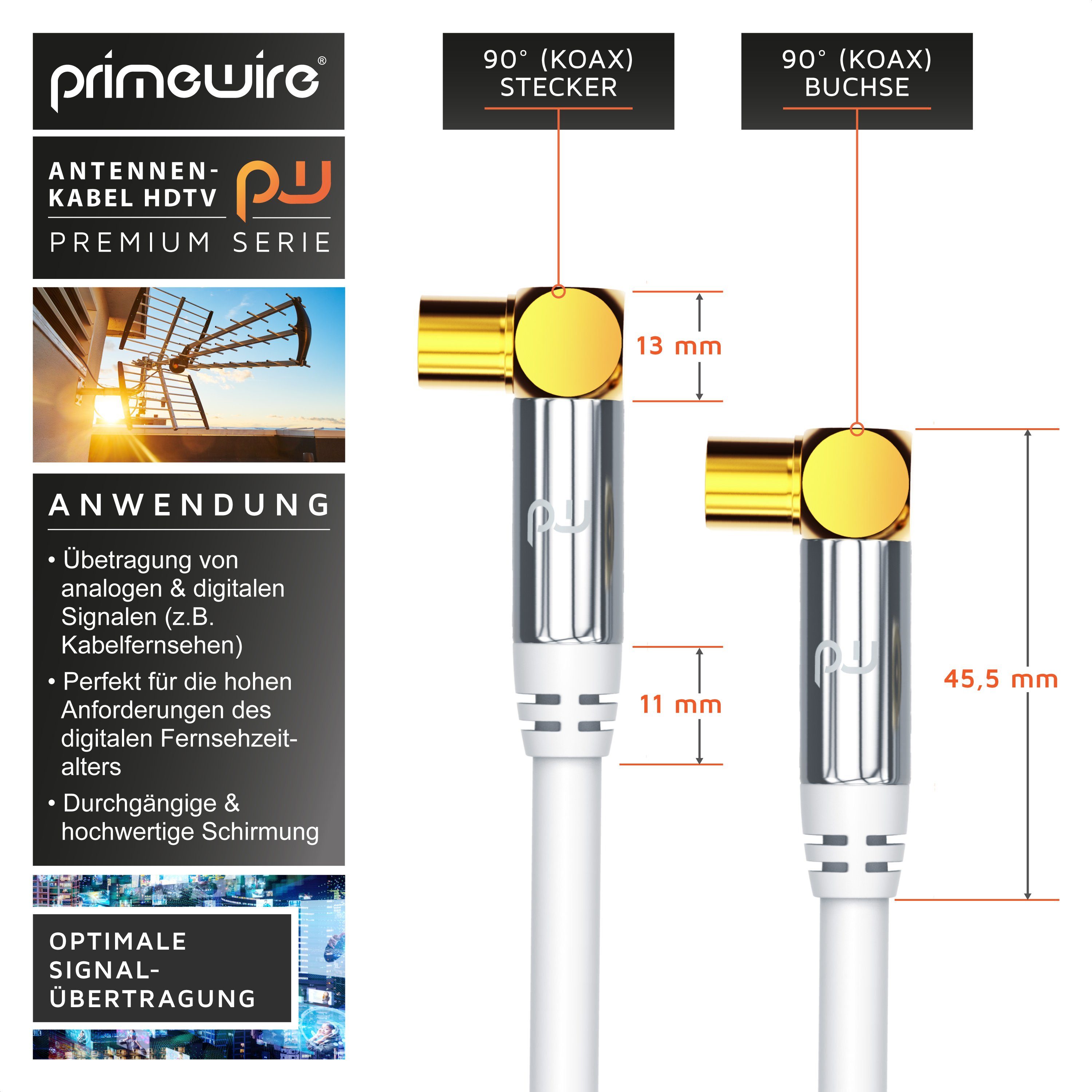 Primewire TV-Kabel, Koax, RF, IEC (50 cm), HDTV Antennenkabel 90° gewinkelt, 4fach Schirmung, 75Ohm, 120dB - 0,5m