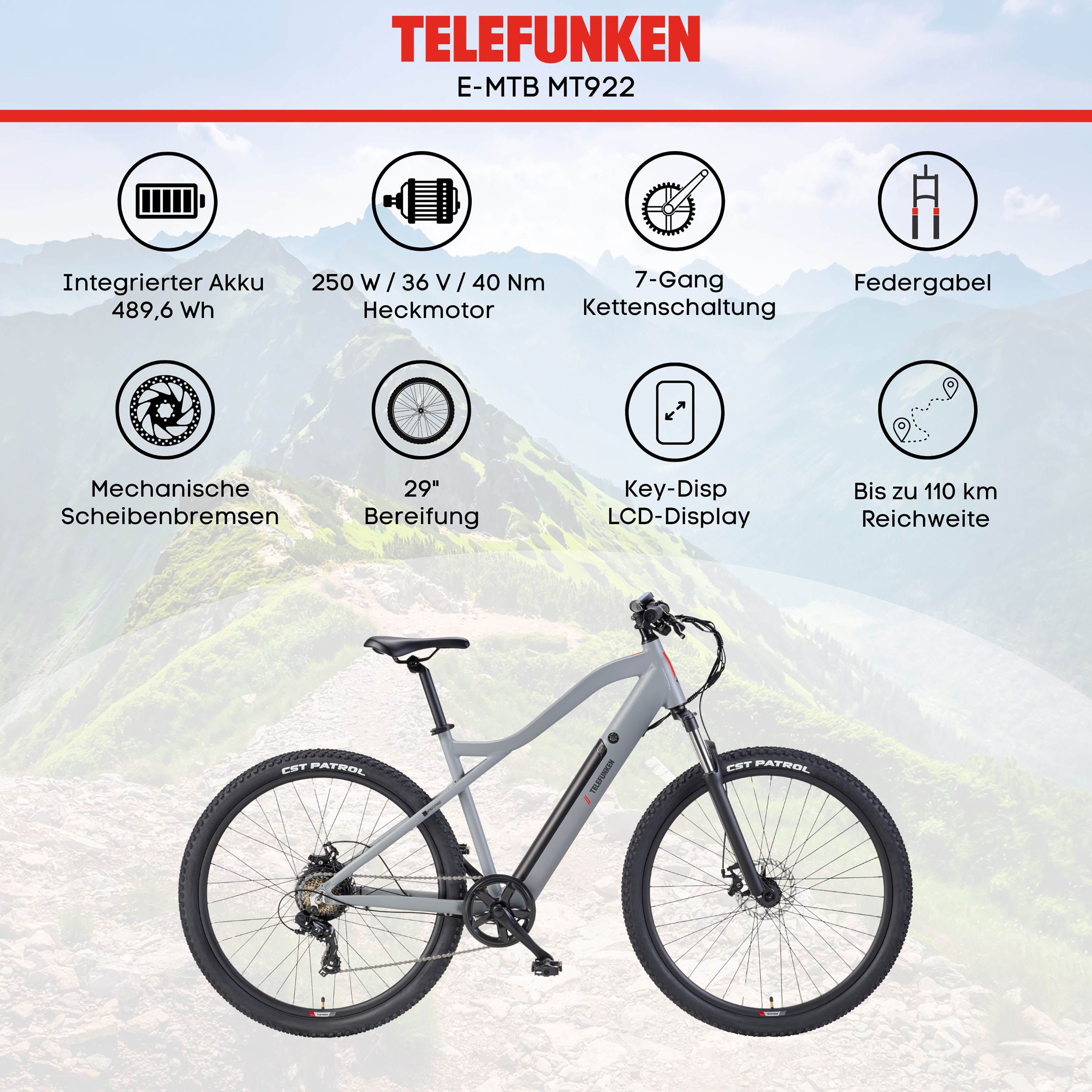 Telefunken E-Bike Mountainbike Aufsteiger MT922, 7 Gang Shimano TY300D Schaltwerk, Kettenschaltung, Heckmotor, 489,6 Wh, Pedelec, Elektrofahrrad, Damen u. Herre – Bild 5 von 5