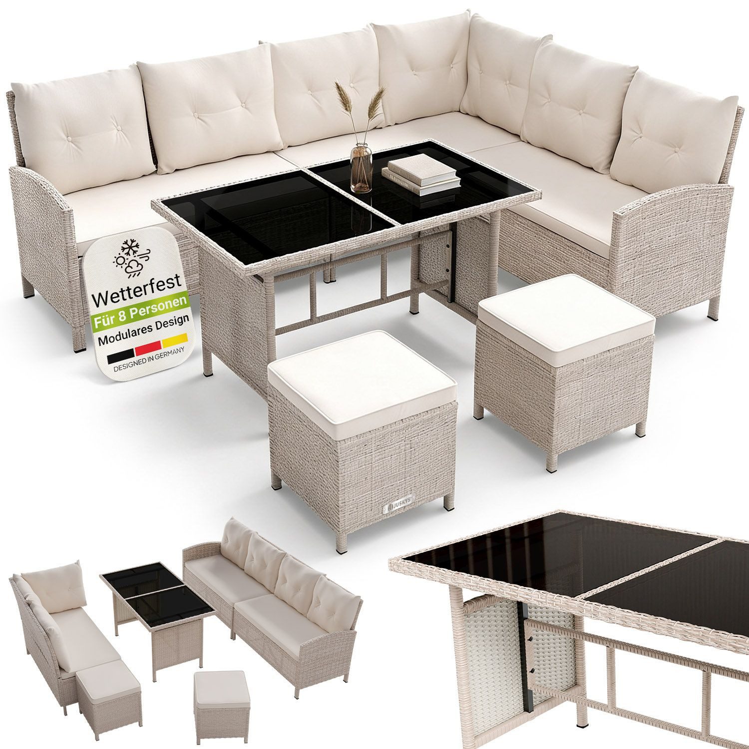Juskys Gartenlounge-Set Manacor, (Gartenlounge), Polyrattan Gartenmöbel-Set mit Garten-Sofa, Garten-Tisch und 2 Hocker
