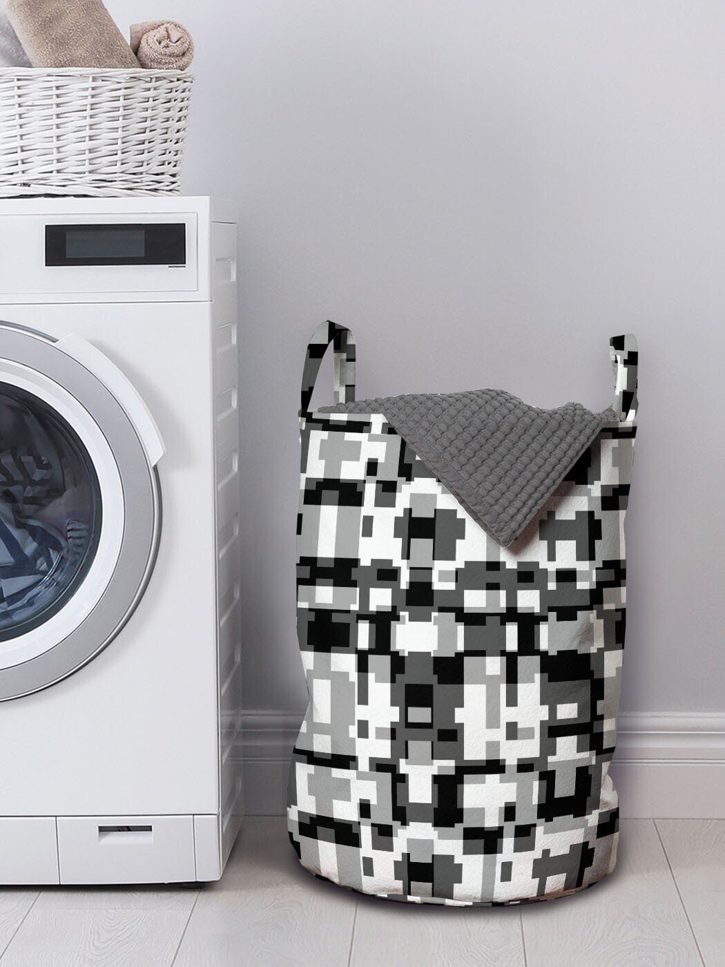 Waschsalons, mit Abakuhaus Wäschesäckchen Griffen Graustufen Wäschekorb für Abstrakt Kordelzugverschluss asymmetrische