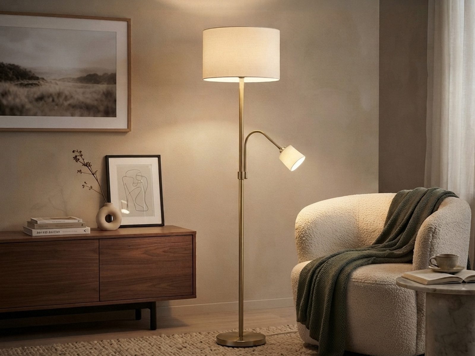 TRIO Leuchten LED Stehlampe mit Leselampe & Stoffschirm Höhe 170cm, dimmbar, LED wechselbar, Warmweiß, Designklassiker Steh-Leuchte groß für Lese-Ecke stehend