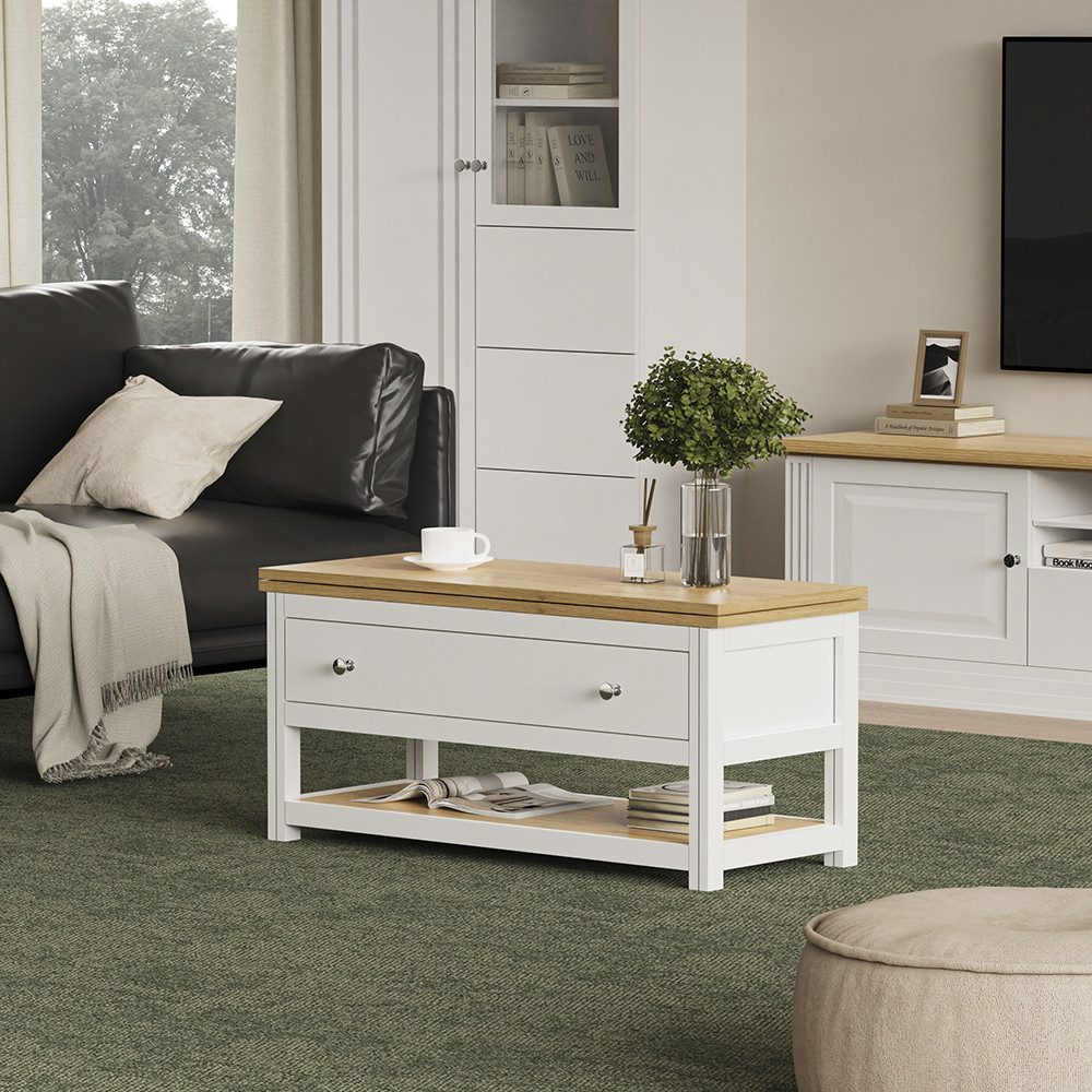 Vicco Couchtisch Vikla, Weiß/Eiche, 100 x 40 cm mit ausklappbarer Tischplat günstig online kaufen