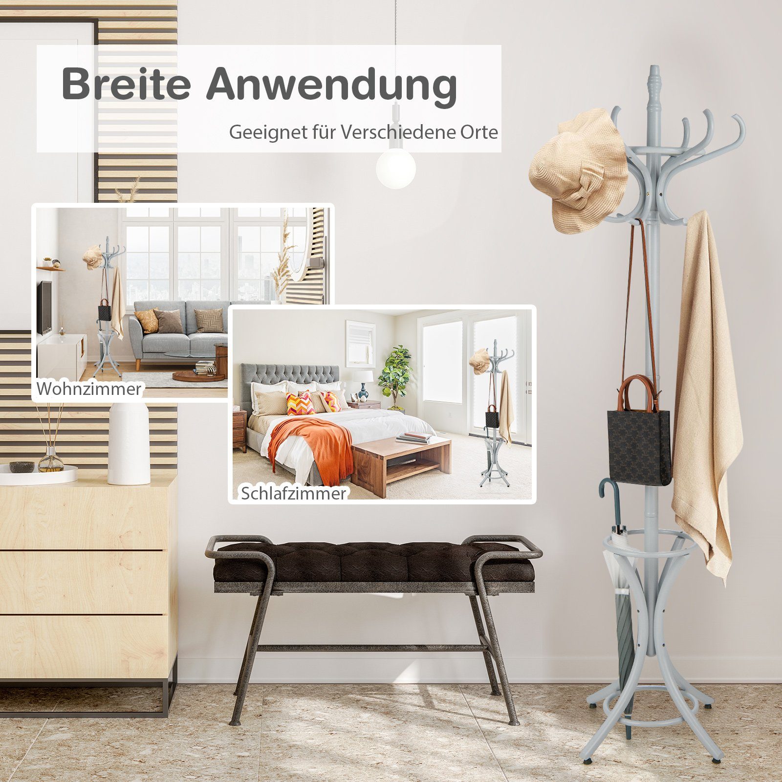 COSTWAY Garderobenständer, 184cm, mit Schirmständer und 12 Kleiderhaken