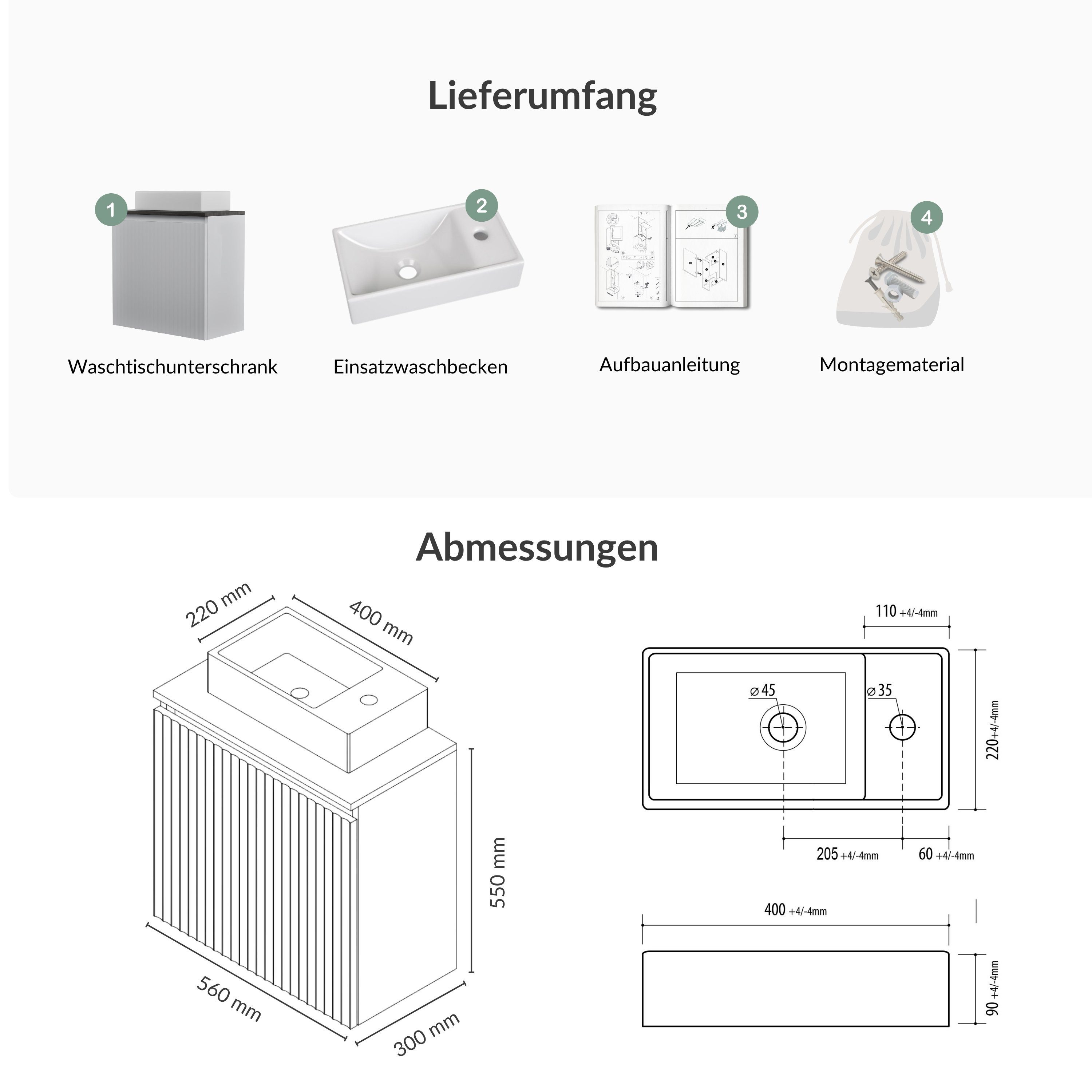 Planetmöbel Waschtisch Waschtisch 55 cm weiß matt (Badmöbel-Set für Gäste WC & Bad, moderner Waschtischunterschrank mit Waschbecken), Soft-Close und wählbare Waschtischplatte