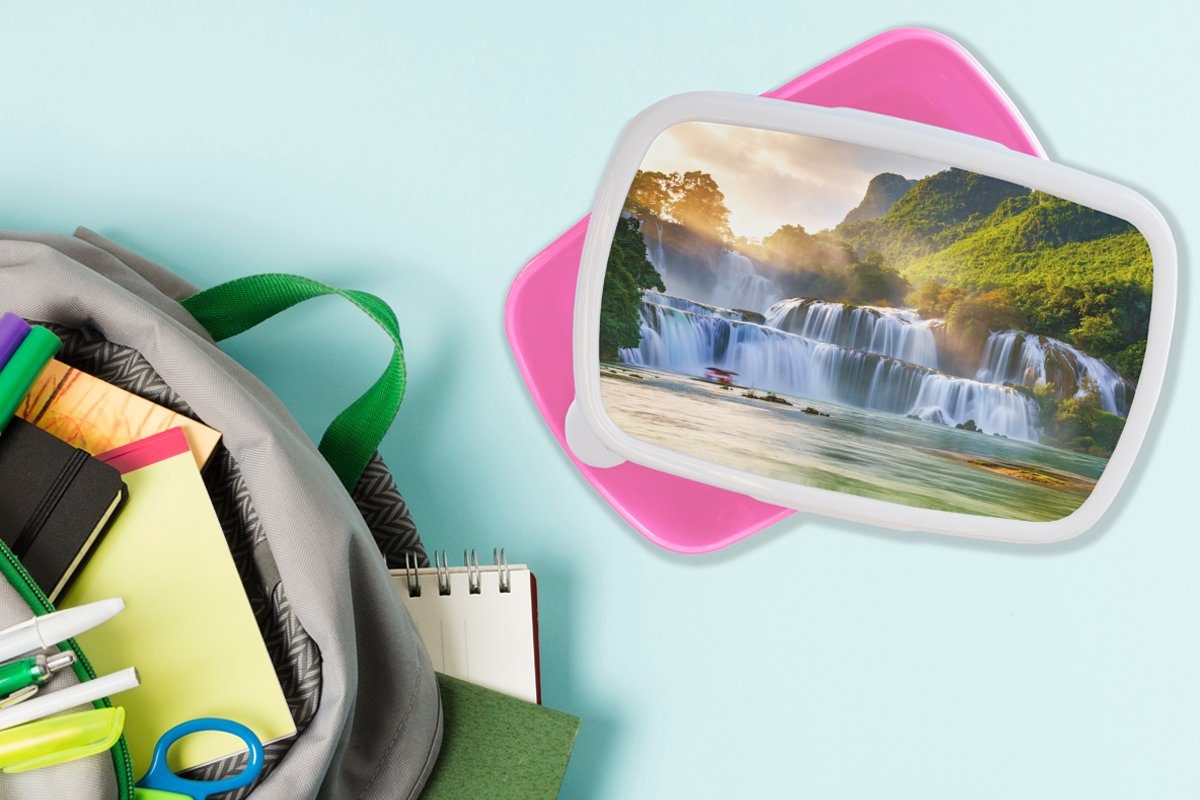 MuchoWow Lunchbox Wasserfall - Pflanzen Kunststoff, Wasser Snackbox, Kinder, (2-tlg), Erwachsene, rosa für - Mädchen, - Brotbox Sonne Brotdose Natur, - Kunststoff