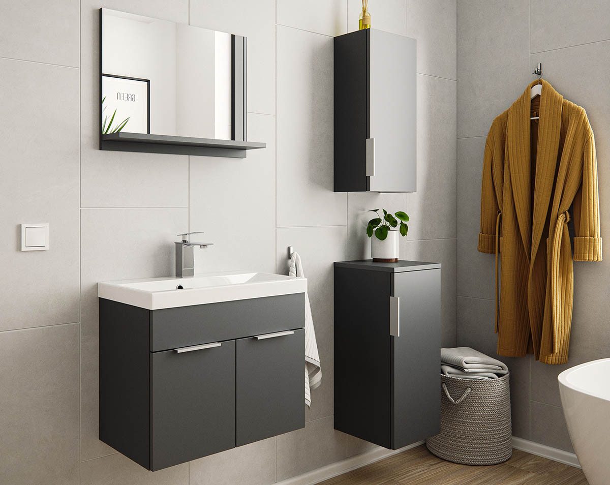 einfachgutemoebel Waschtisch-Set Badset LAGEAUX Slimline 4-tlg 60cm, Waschplatz & Spiegel, grafitgrau, (Badmöbel Set, 1-St., Waschtisch Set 4-teilig)