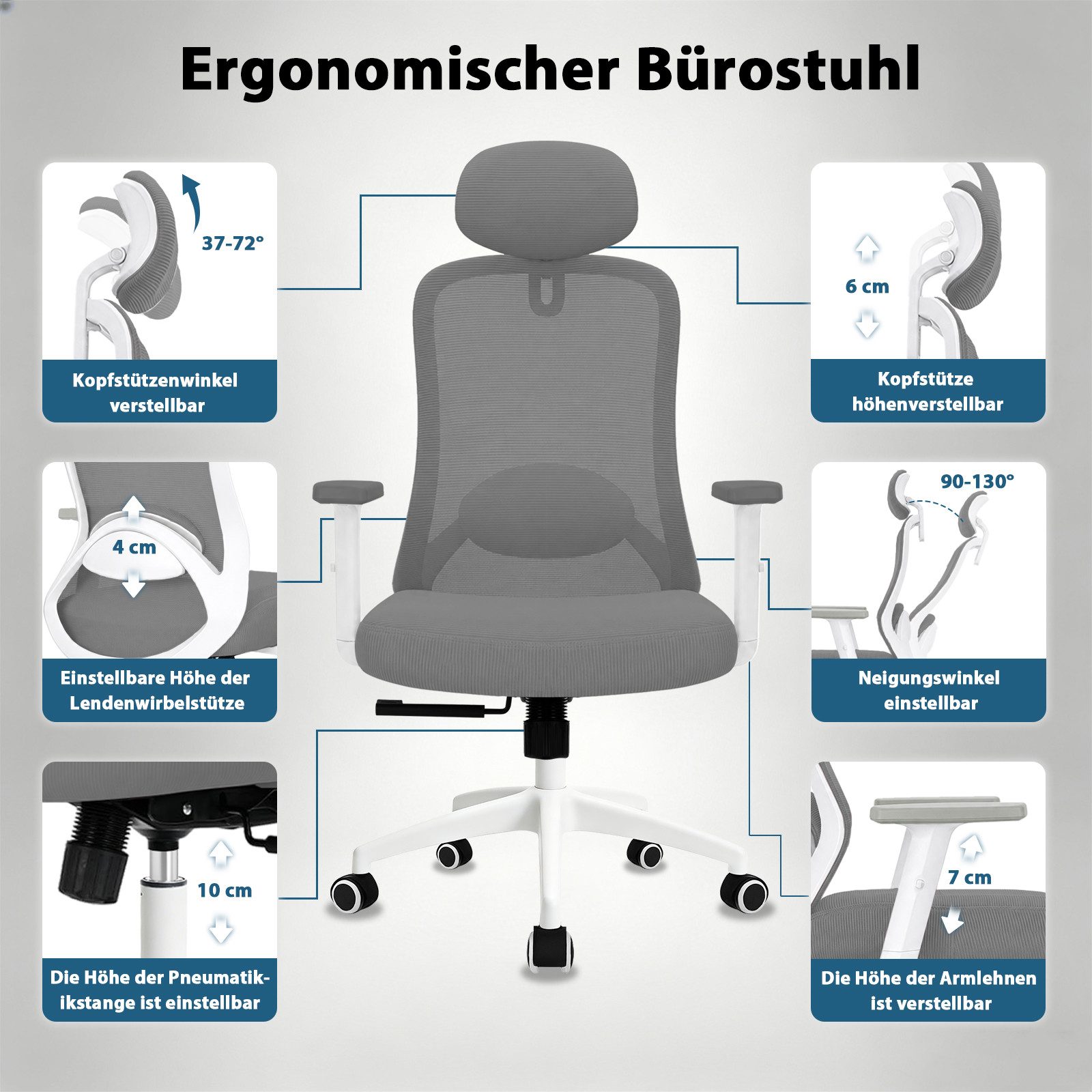 Milacyee Bürostuhl Chefsessel Wippfunktion 200kg belastbar ergonomisch,Bürostuhl (Verstellbare und feststellbare Lendenstütze + Kopfstütze + höhenverstellbare A – Bild 4 von 5