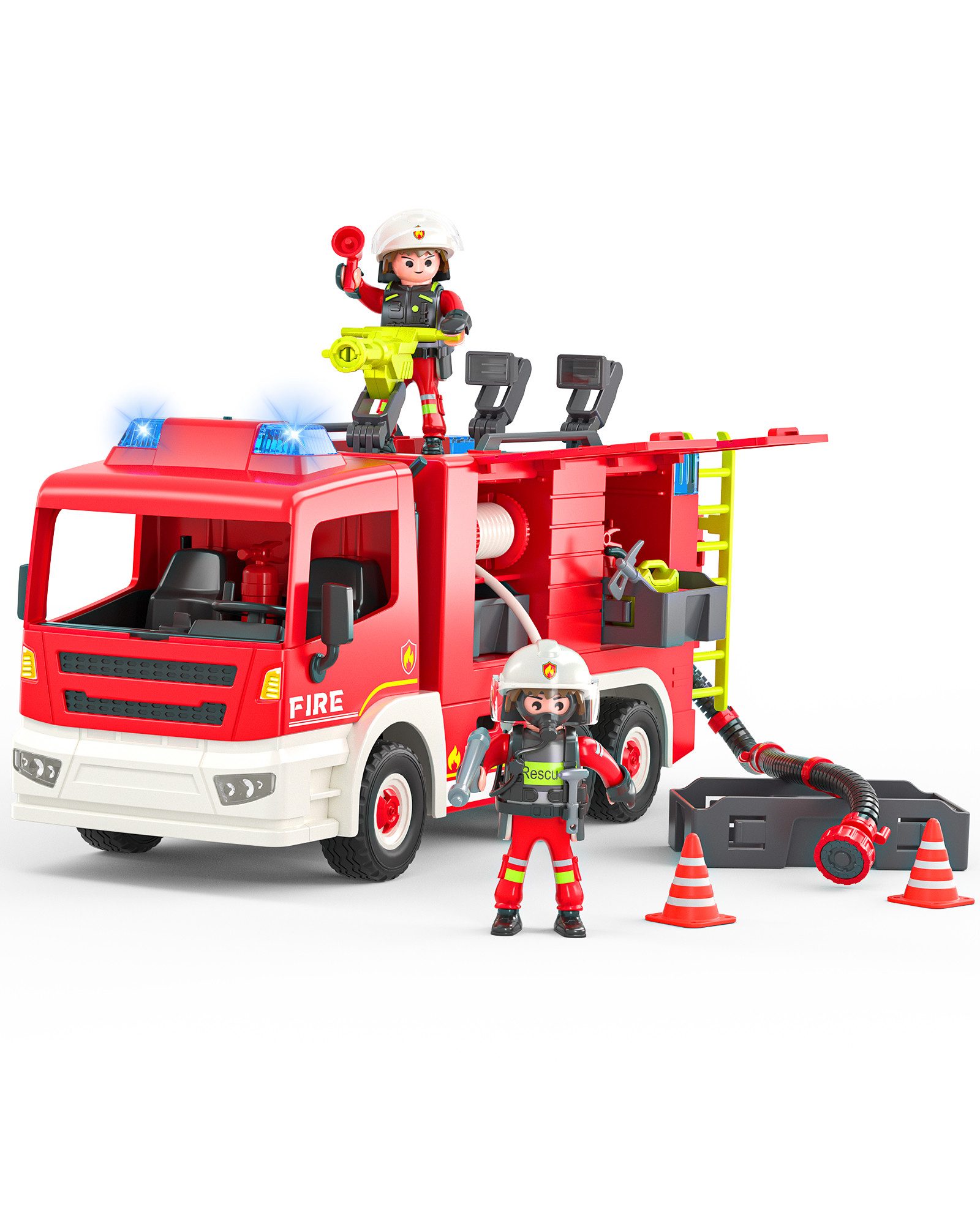 Coroiesty Spielzeug-Feuerwehr Feuerwehrbausatz mit Licht&Sirene 2 Feuerwehrleute - Geschenk 3+ Jahre, (Set), Feuerwehrfiguren, Schlauch, Feuerlöscher, Werkzeuge, Licht, Sirene