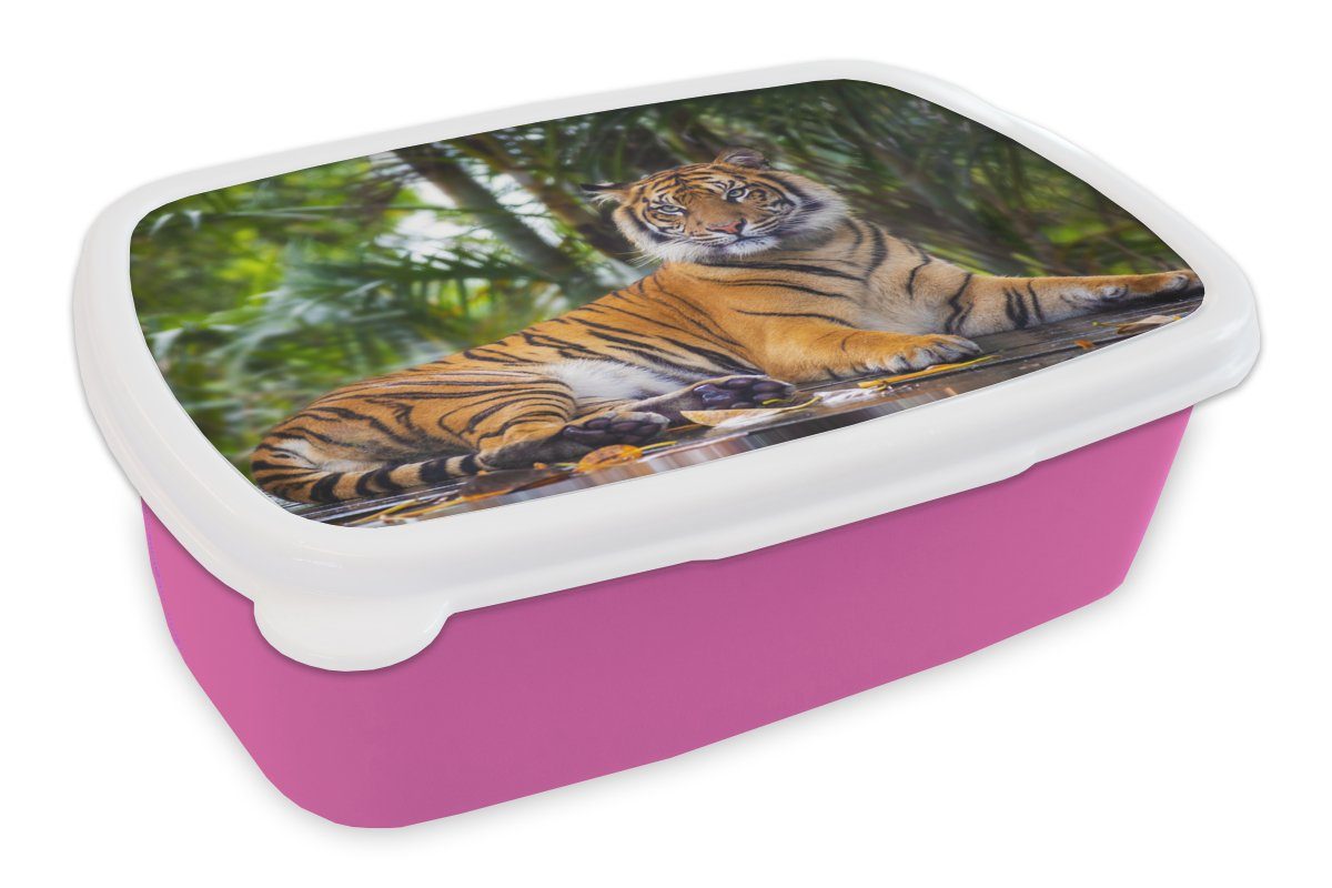 MuchoWow Lunchbox Tiger - Tiere - Wald - Dschungel, Kunststoff, (2-tlg), Brotbox für Erwachsene, Brotdose Kinder, Snackbox, Mädchen, Kunststoff rosa