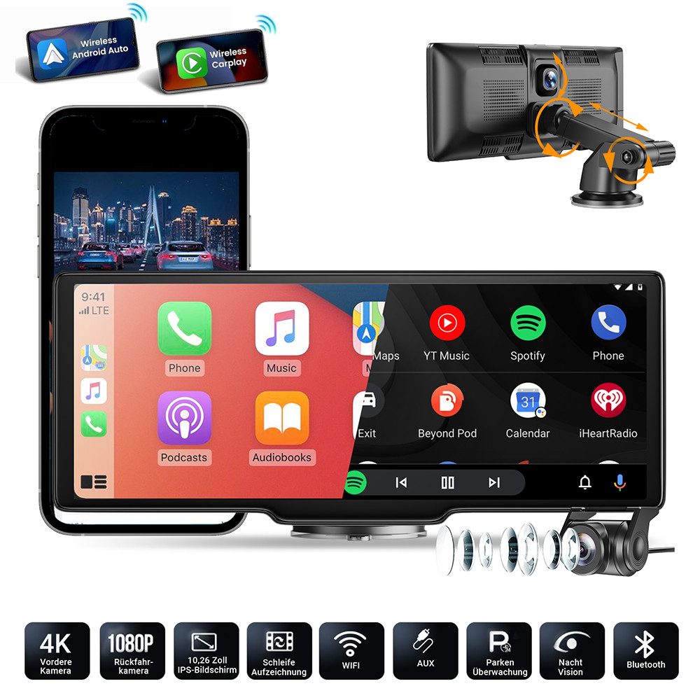 4K 10.26" Wireless Carplay Android Auto Display Vorne Rückfahrkamera Navigationsgerät