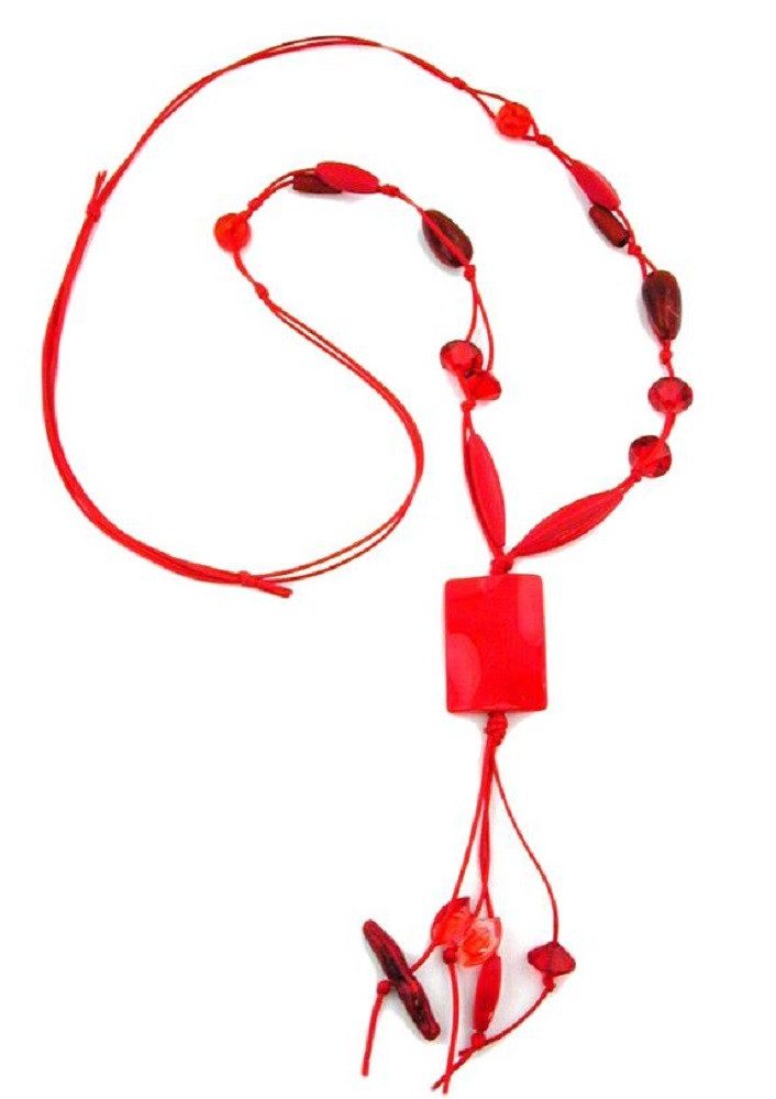 unbespielt Collier Kette Viereck Kunststoff-Perlen gewellt rot Kordel rot 100 cm, Modeschmuck für Damen