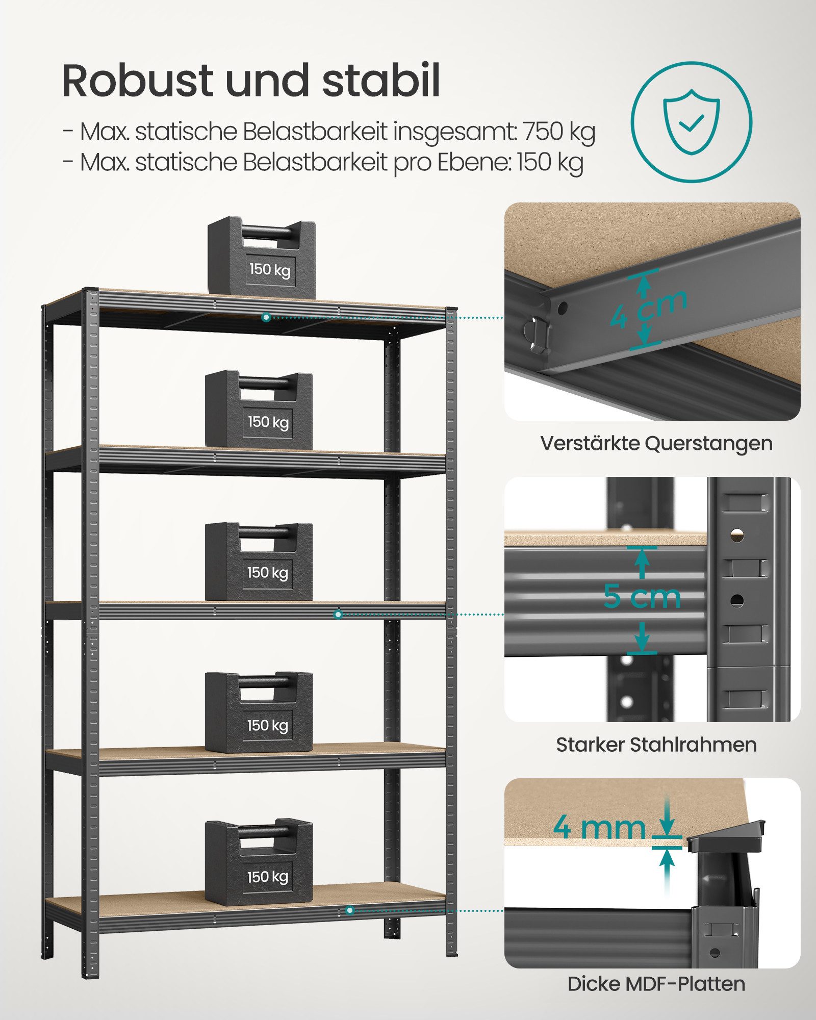 SONGMICS Schwerlastregal Lagerregale, 2-tlg., 200 x 120 x 60 cm, bis 750 kg belastbar und 5 verstellbare Ablagen