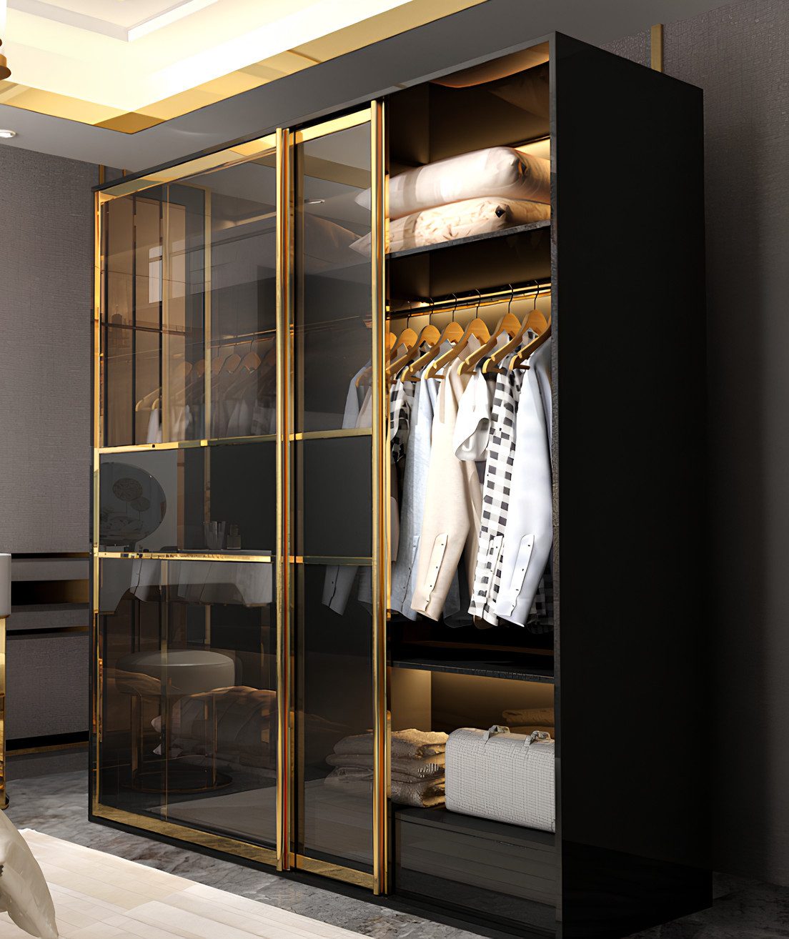 Xlmoebel Kleiderschrank Eleganter Designer-Schrank mit Glasfront und Holzdetails (1-St., Kleiderschrank) Hergestellt in Europa