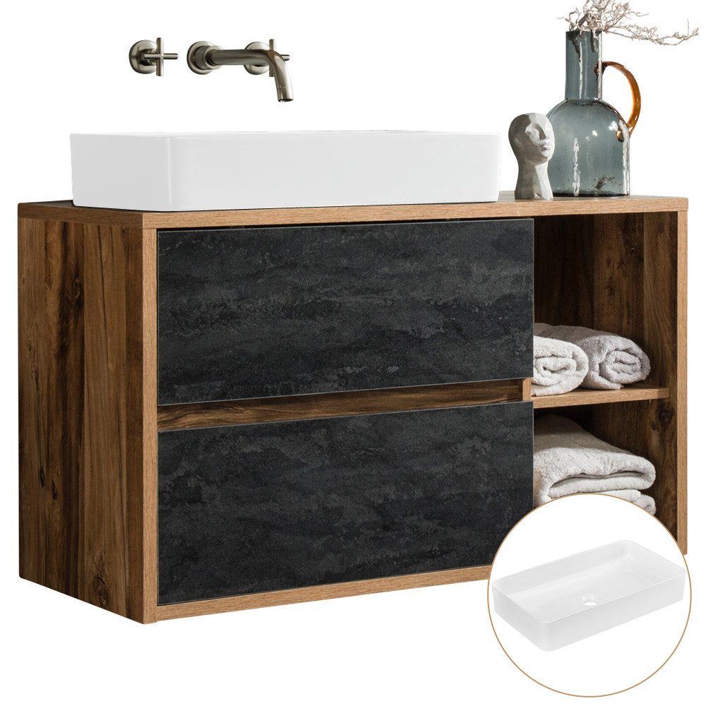 Lomadox Waschbeckenschrank HARLOW-56 Eiche mit Beton Dunkel Nb. 100/71/46 cm