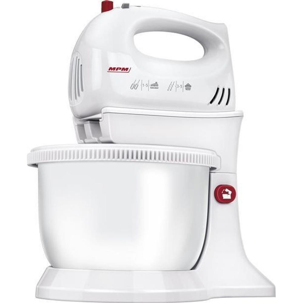 MPM Handmixer MPM MMR-16Z Handmixer mit rotierender Schüssel 750 W Weiß, 5 Geschwindigkeitsstufen, Turbofunktion, Standfuß
