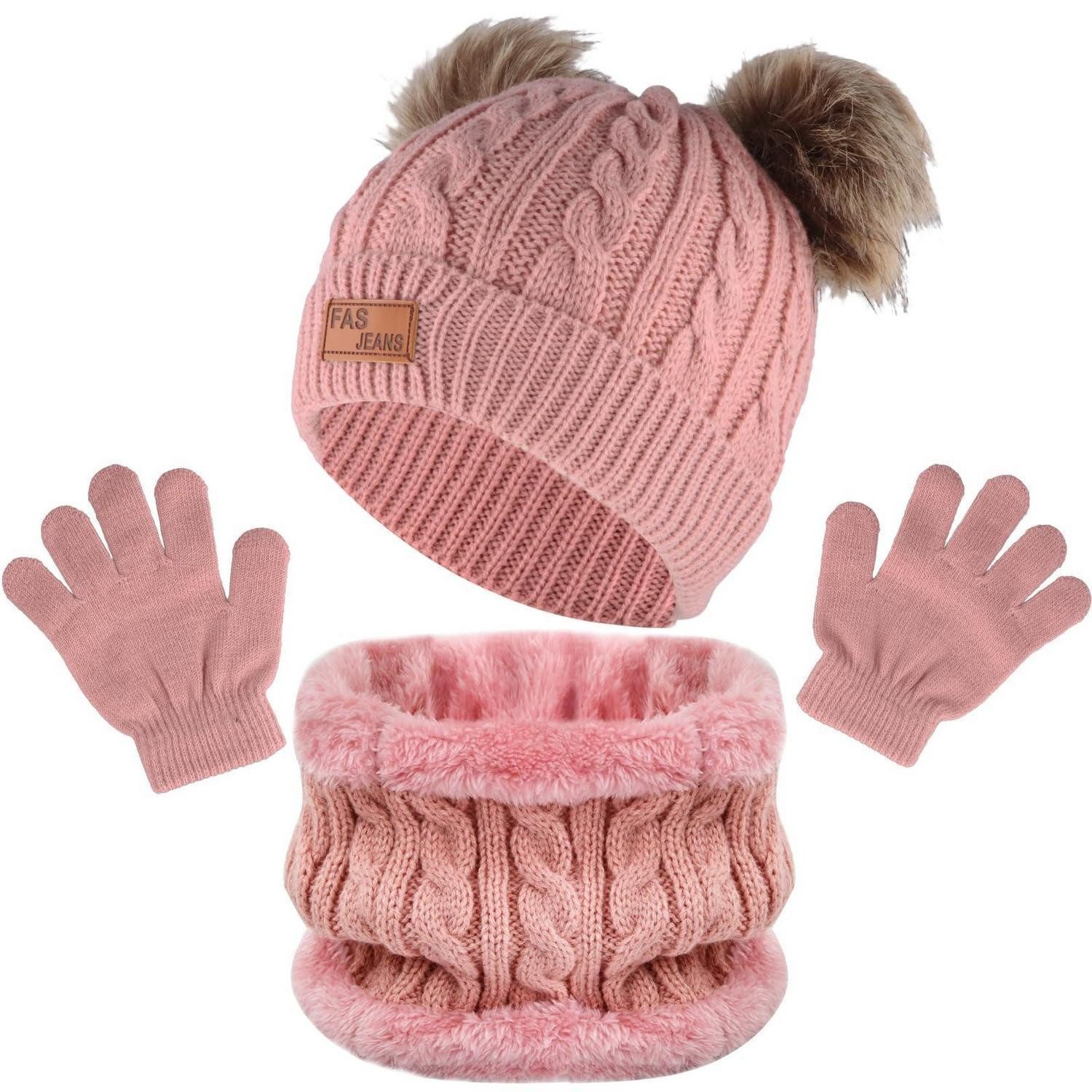 LuxusKollektion Bommelmütze 3-tlg. Strickset Mütze Schal Handschuhe Kinder Rosa (1-St)