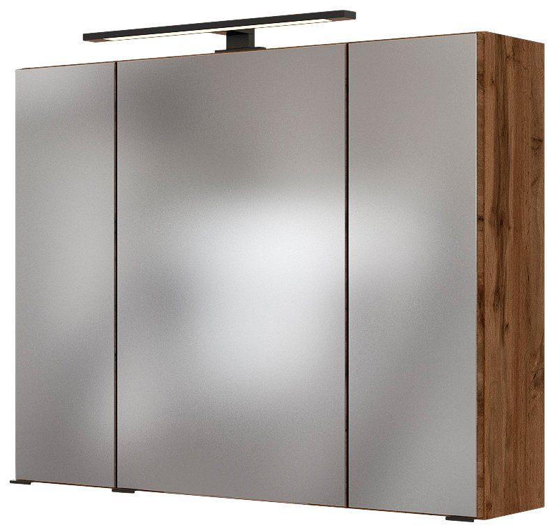 HELD MÖBEL Spiegelschrank Luena Breite 80 cm, mit 3D-Effekt, dank drei  Spiegeltüren, Inklusive schwarzer LED-Aufbauleuchten