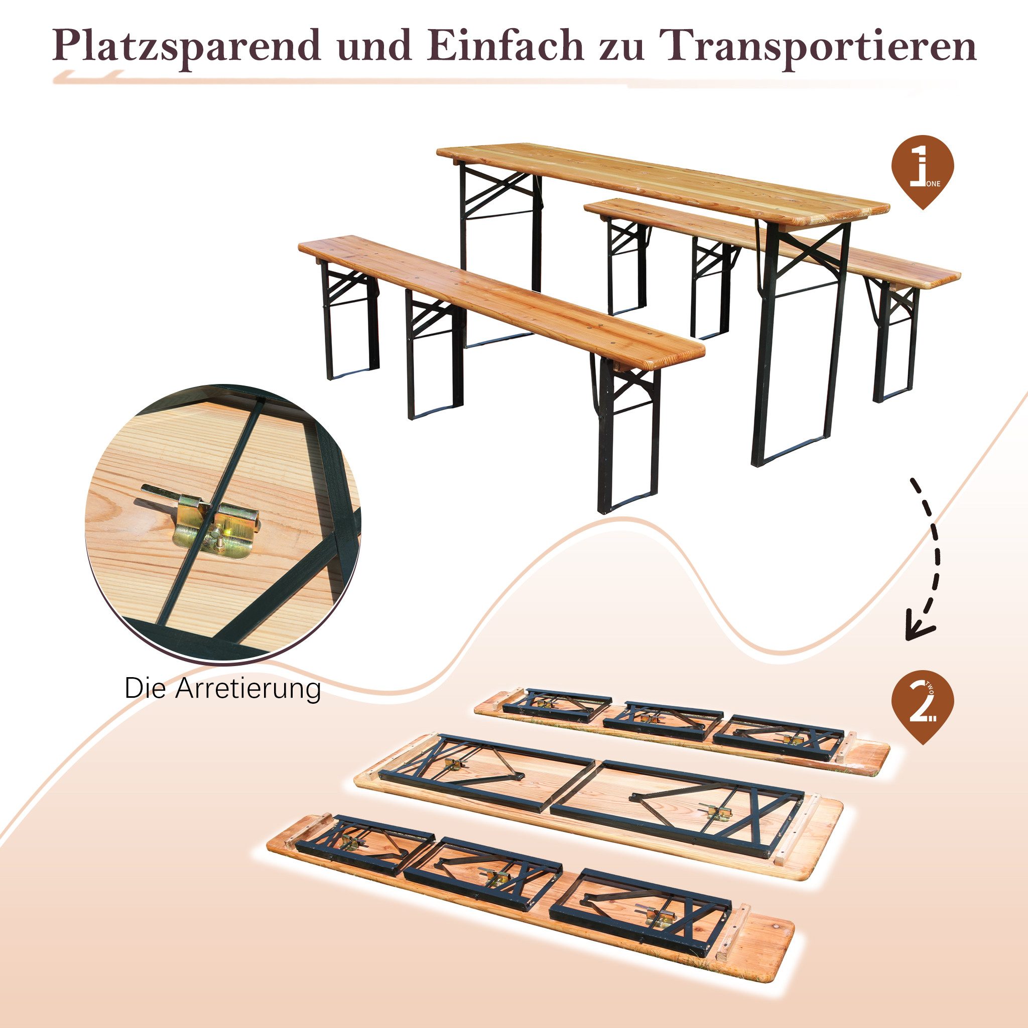 BlingBin Bierzeltgarnitur 3-teilig Faltbare Biertischgarnitur, Festzeltgarnitur, (3er Set, 3-tlg., Abmessungen: 177x46x 78cm, Belastbarkeit: 200kg), Wetterfeste Kiefer Massiv, Platzsparend, Festzeltgarten, Holzfarbe