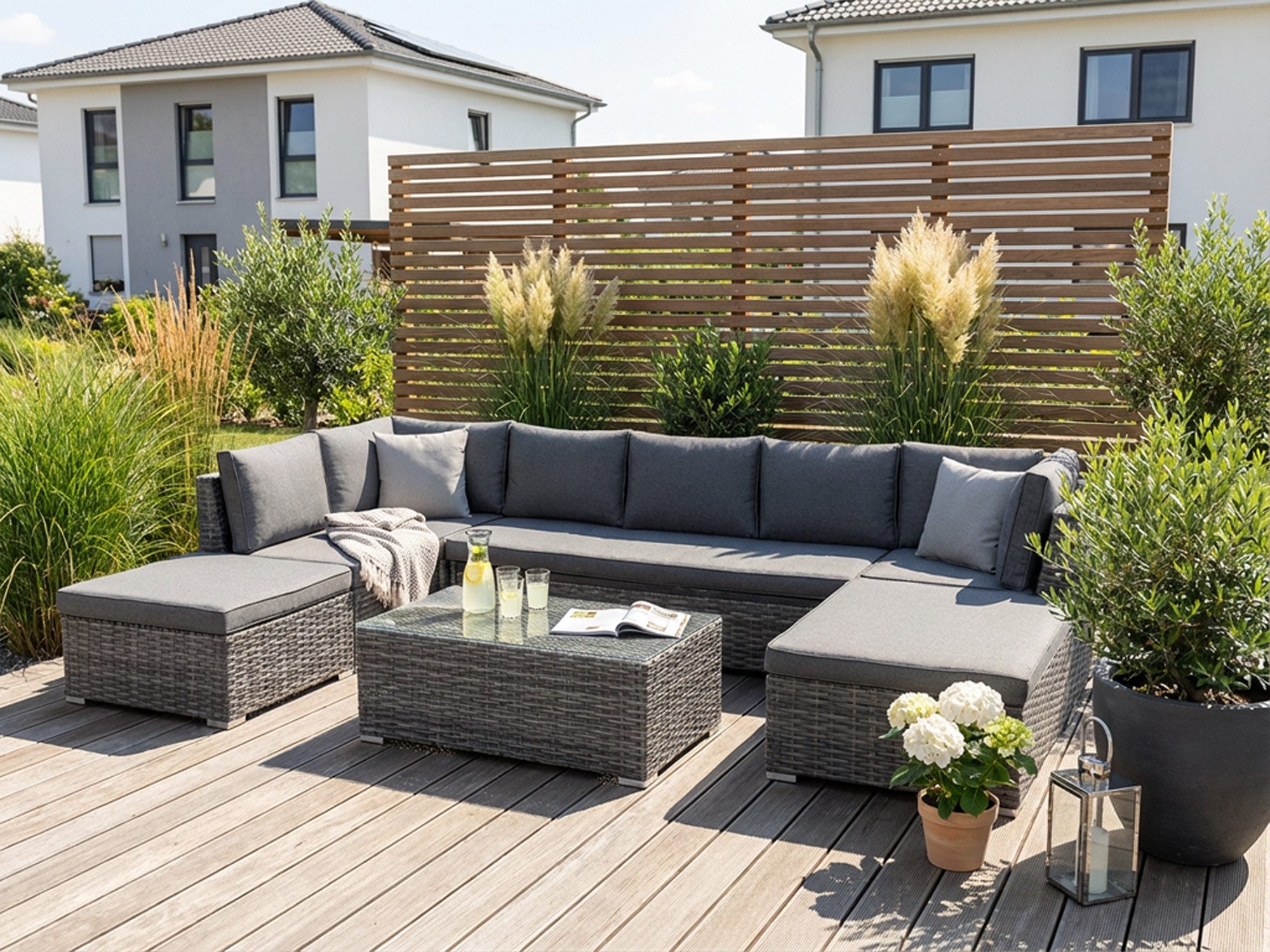 KONIFERA Gartenlounge-Set New York, (21-tlg., 1x 3er AZ-Sofa, 1x Ecke, 1x Sessel, 1x Ottomane mit Staufach, 1x Tisch), Tisch 110x65 cm, Aluminium,Polyrattan,individuell stellbar,10 Personen