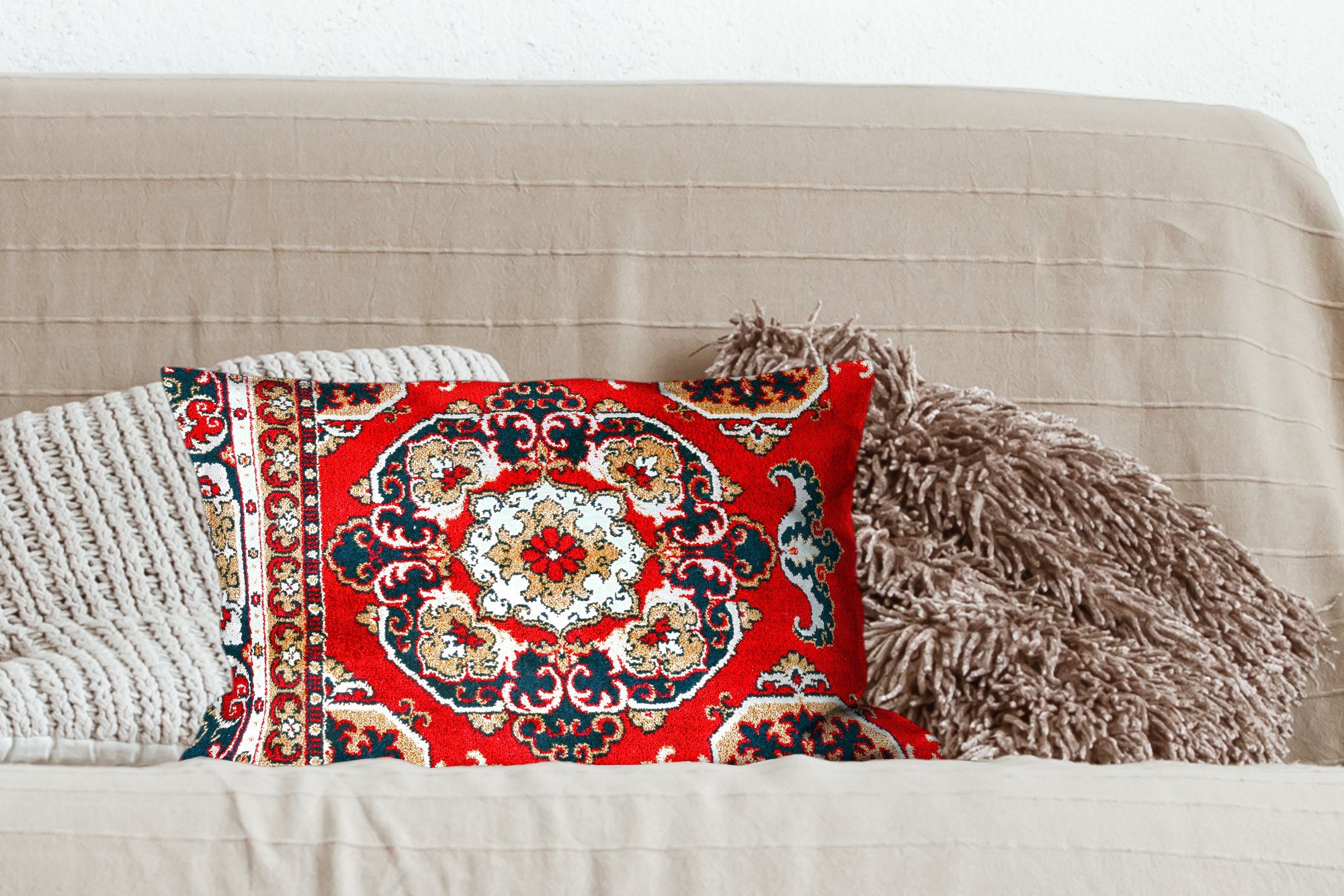MuchoWow Dekokissen Persischer Teppich - Schlafzimmer Dekokissen Teppiche Wohzimmer mit Dekoration, Füllung, Rot, Zierkissen, 