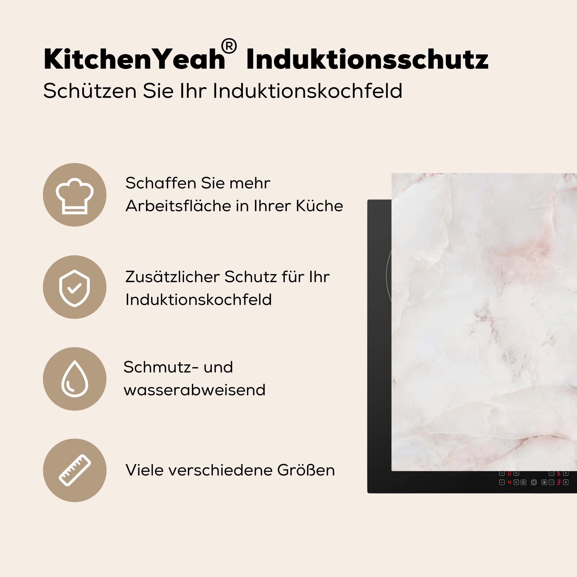MuchoWow Herdblende-/Abdeckplatte Marmor - - für 78x78 cm, küche Weich, Vinyl, Arbeitsplatte tlg), Weiß (1 Ceranfeldabdeckung