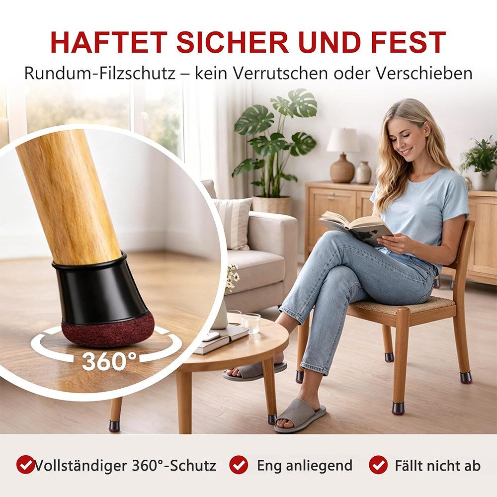 AFKSMILE Stuhlhusse 24 Stück Stuhlbeinkappen Schwarz,Stuhlbeinschoner mit 360° Filzgleiter, Schutzkappen für Stuhlbeine, Kratzschutz für den Boden & Lärmminderu – Bild 3 von 5
