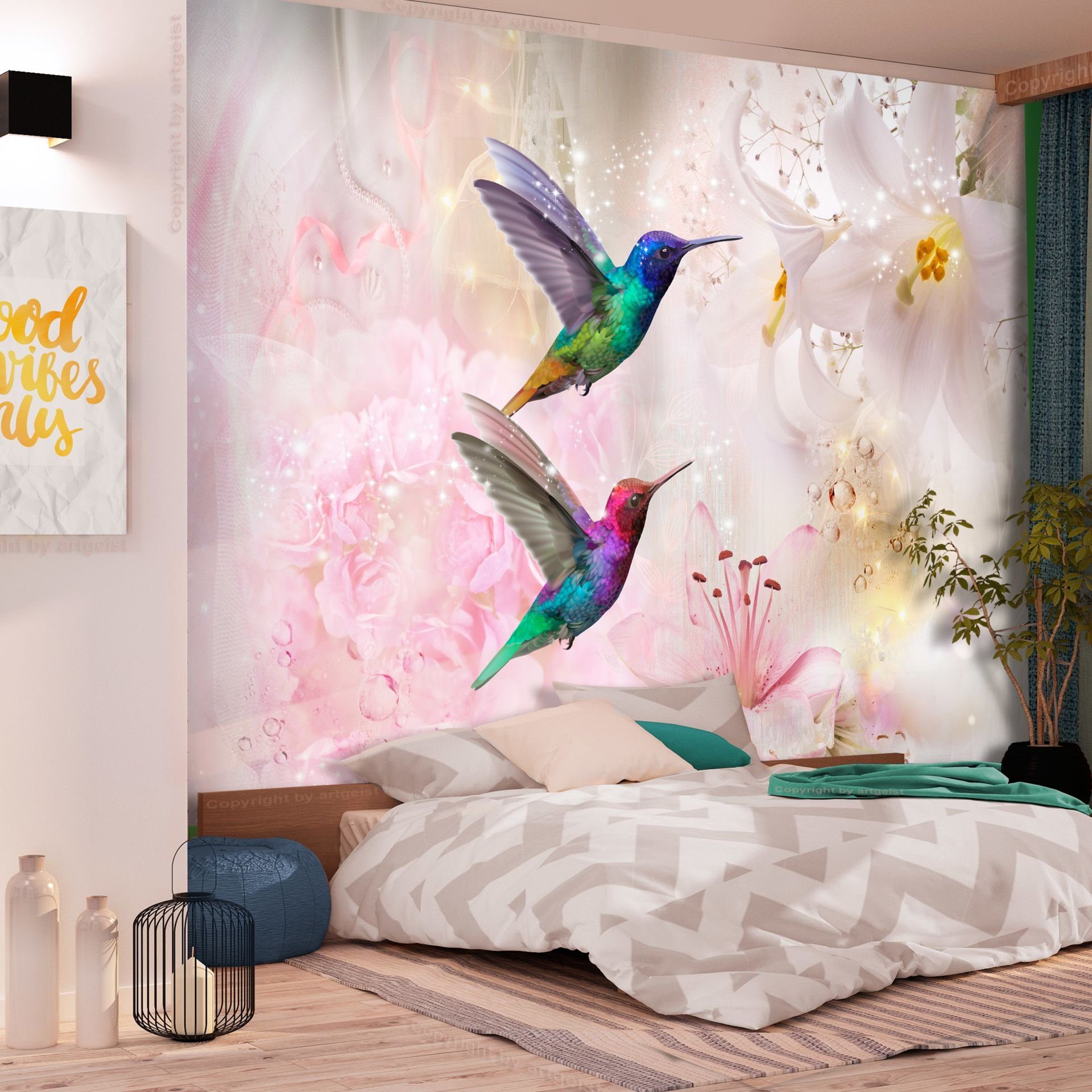 (Pink) Design 0.98x0.7 Tapete matt, lichtbeständige Vliestapete Hummingbirds Colourful KUNSTLOFT m,