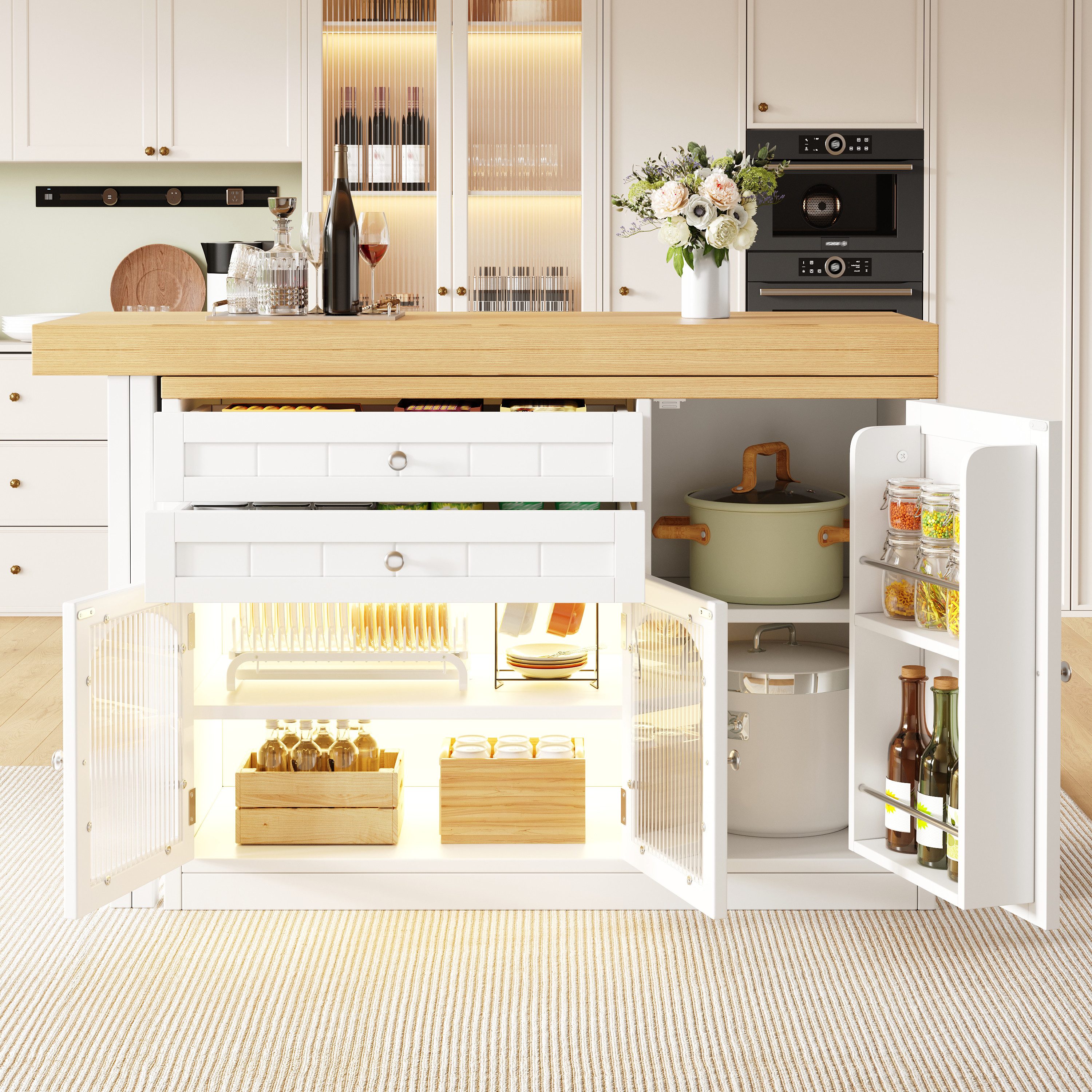 Flieks Kücheninsel Küchenschrank mit 360° drehbarer Esstisch, klappbarer Arbeitsplatte, (Holzoptik Tischplatte Tiefe 40-80cm, Längenverstellbar 120-194cm), ausziehbar Arbeitstisch&Mehrzweckschrank mit LED-Beleuchtung Weiß