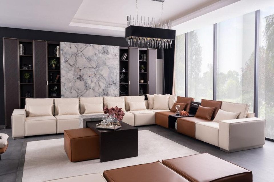 Xlmoebel Ecksofa Sofa mit integriertem Sound-System und Beistelltisch in L-Form aus, Hergestellt in Europa