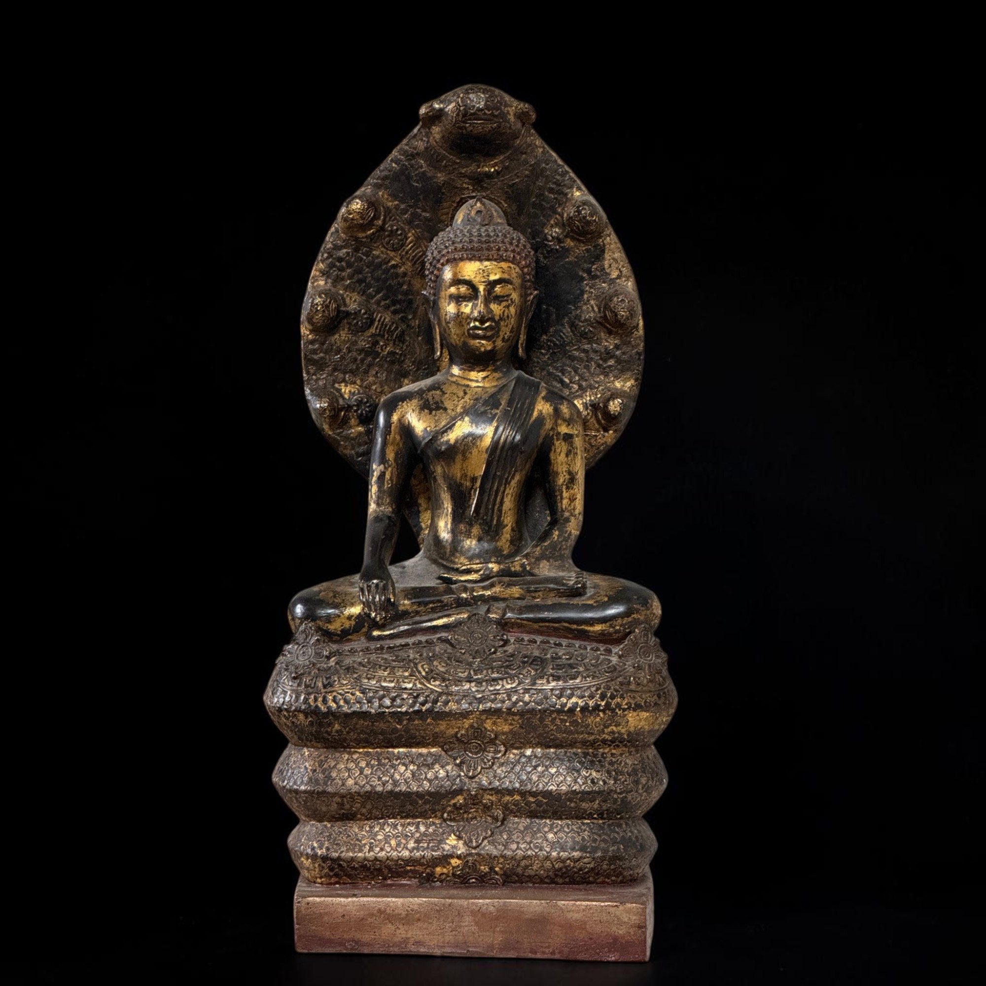 Asien LifeStyle Buddhafigur Alte Burma Naga Buddha Bronze Figur Schlangen Thron Statue 75cm groß