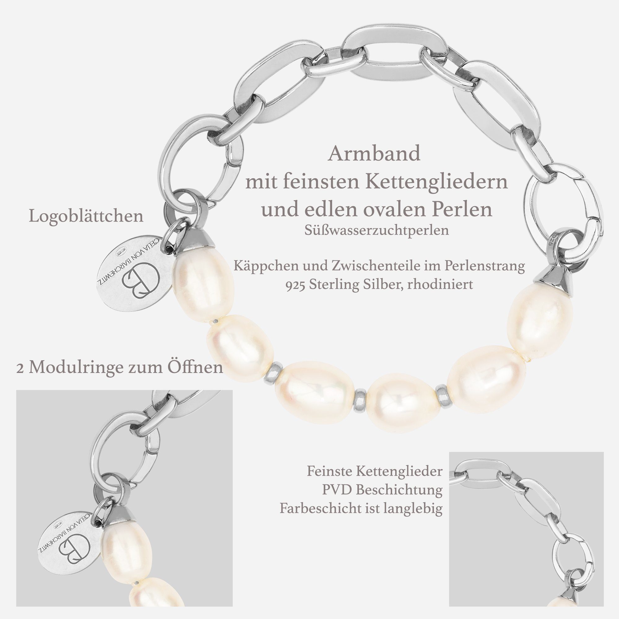 Celia von Barchewitz Perlenarmband "ASHA" Damen Gliederarmband mit ovalen Süßwasserzuchtperlen weiß, Modulring zum Öffnen