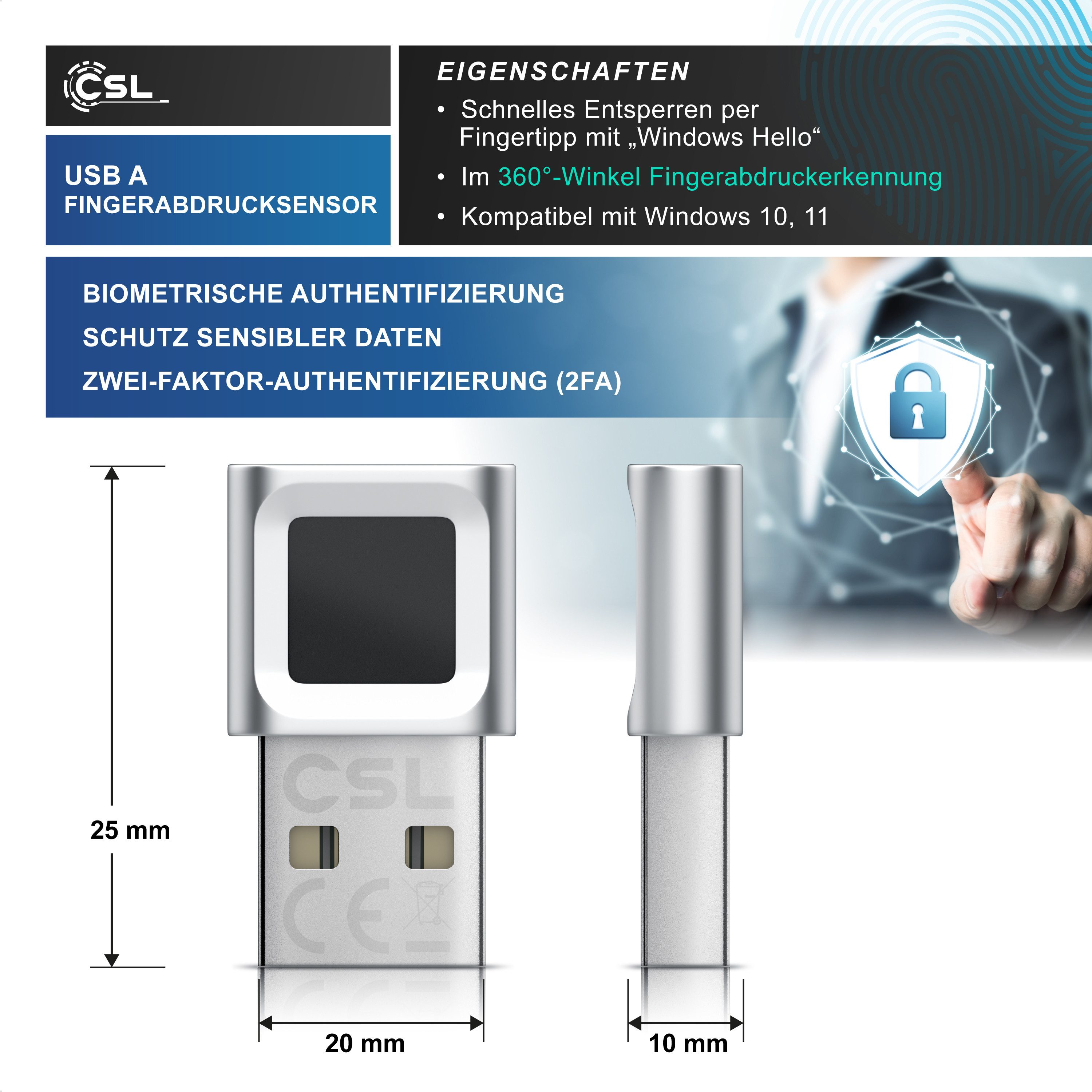 CSL Fingerabdrucksensor Fingerabdruckleser bis zu 10 IDs, biometrische Authentifizierung, (1-St), Windows 11 Hello Anmeldung, Plug & Play, USB-A, 360° Rundumerkennung