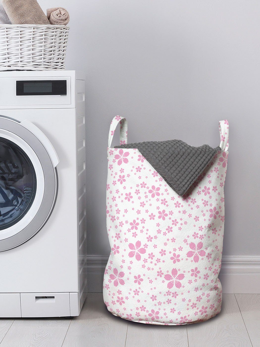 Abakuhaus Wäschekorb mit Kirschblüte rosa Kordelzugverschluss Waschsalons, Flora für Wäschesäckchen Griffen