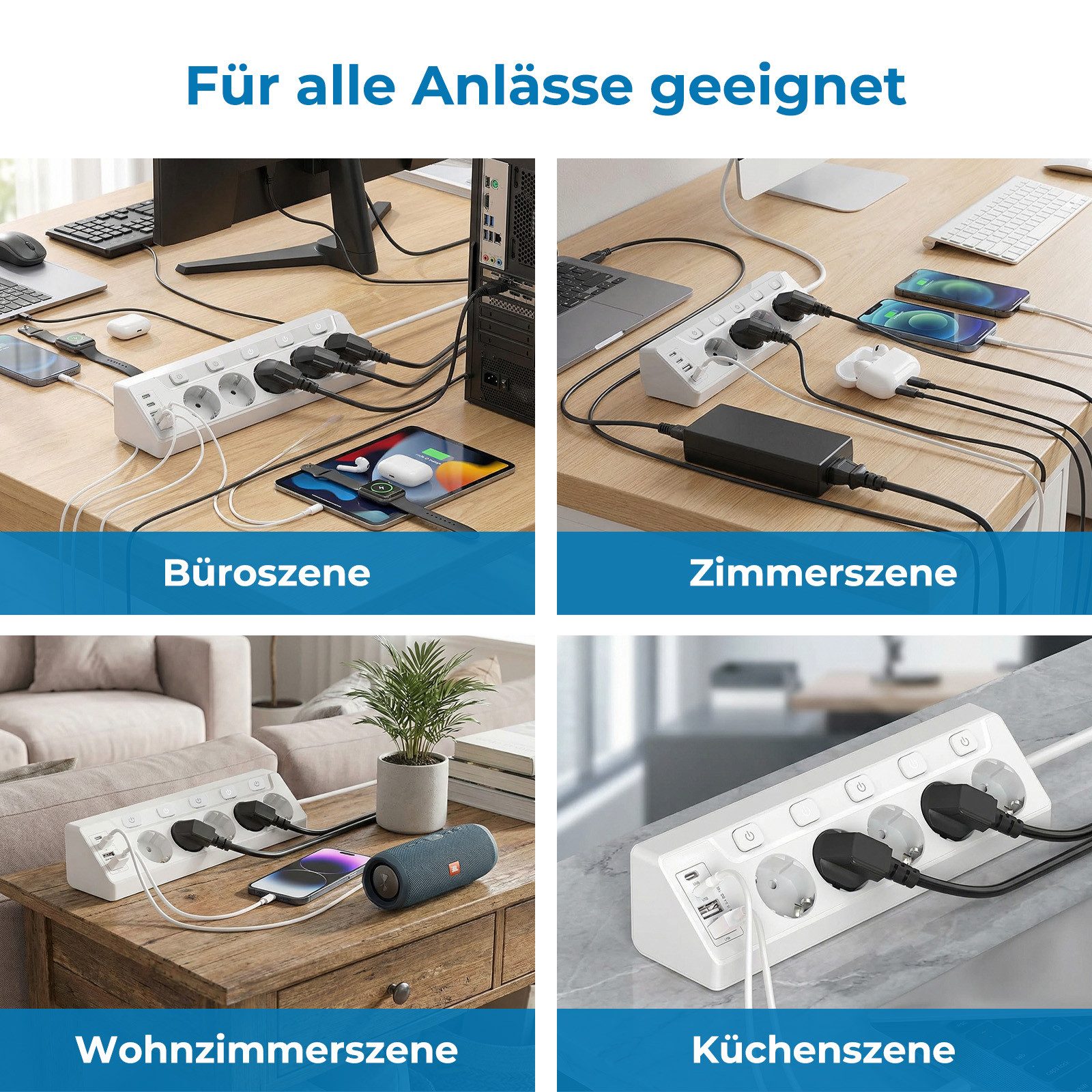 AKKEE Tischsteckdosenleiste mit 4/5/6 Steckdosen, Unabhängigem Schalter Mehrfachsteckdose (2M Verlängerungskabel für Küche, Büro, Haushalt, Kabellänge 5 m), Ste – Bild 4 von 5